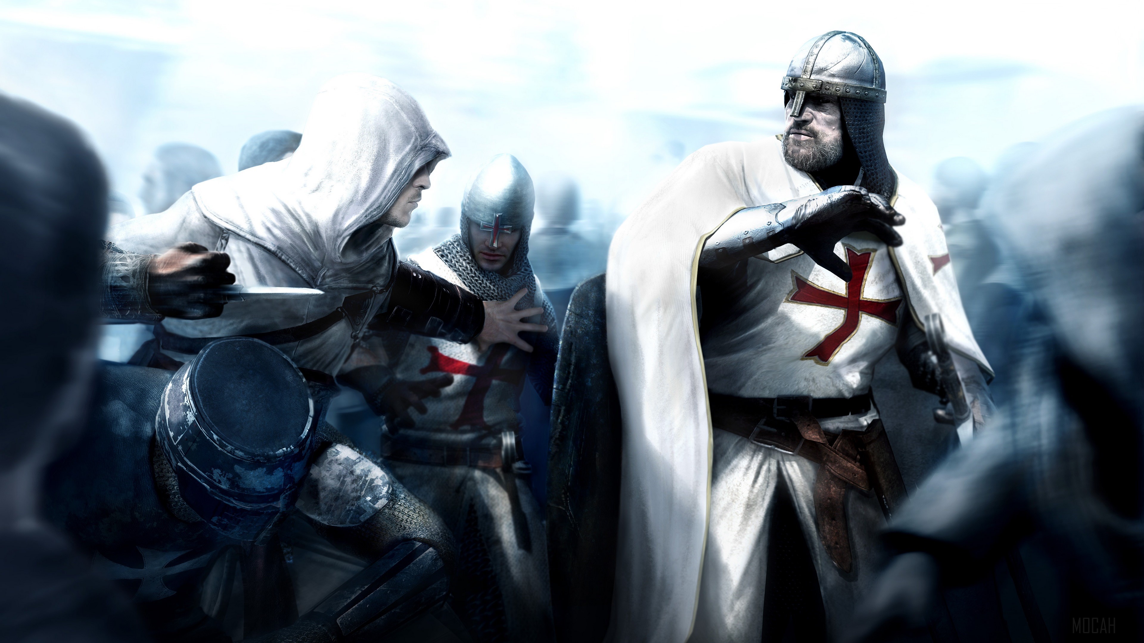 Assassin from Assassin's Creed in battle with Templars 4K HD Wallpaper