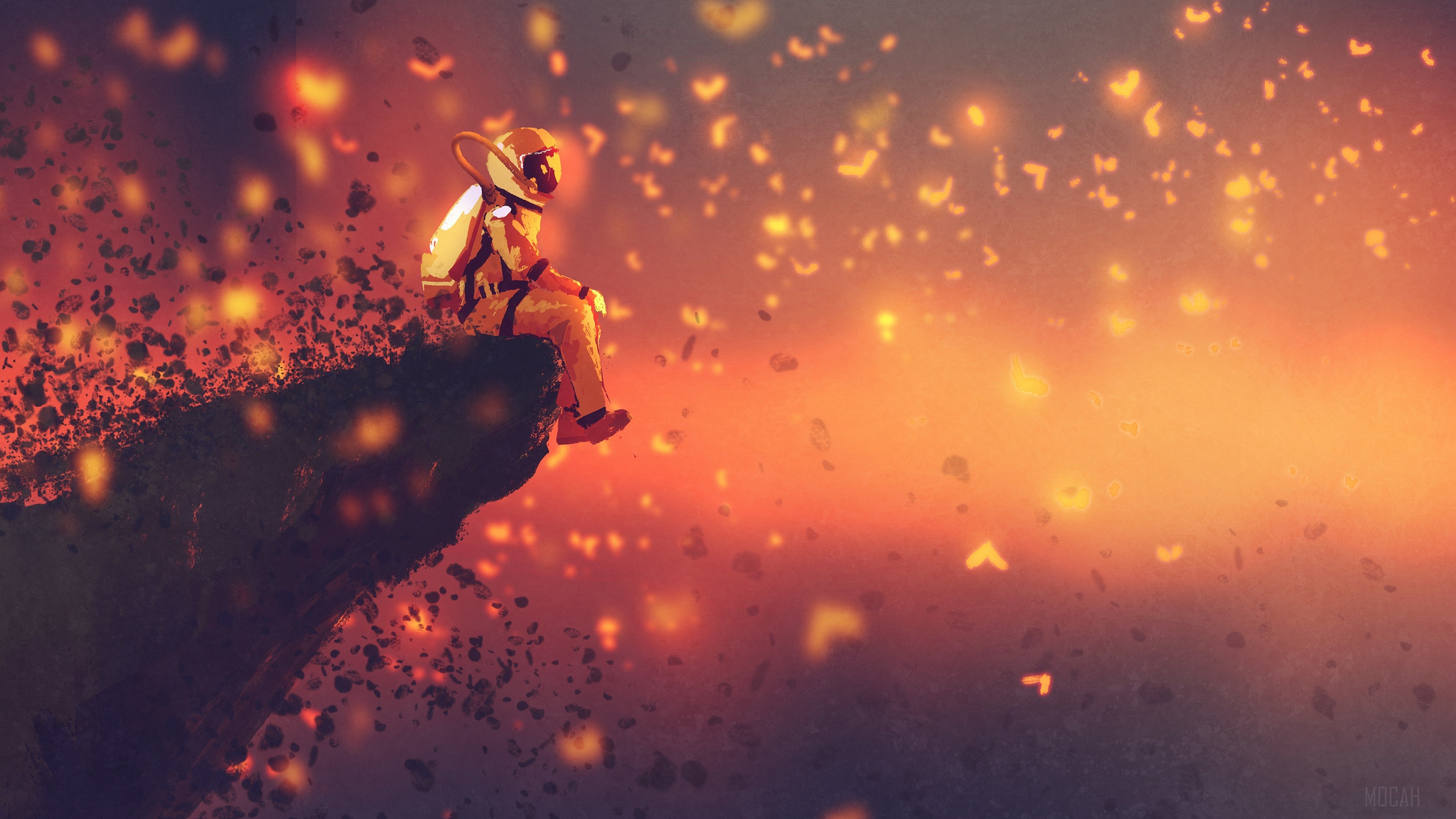 Astronaut sitting on a cliff edge HD Wallpaper