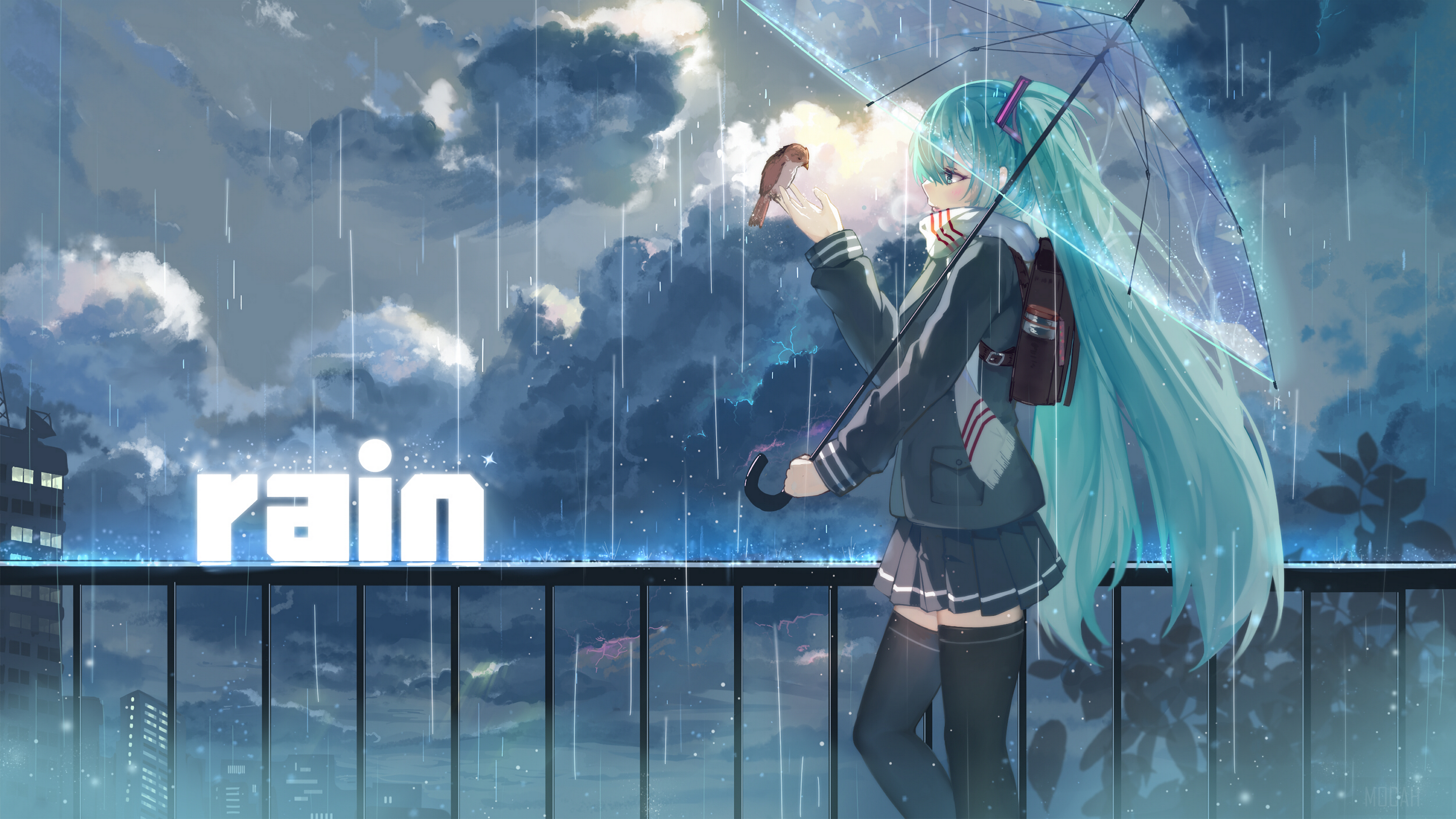 Hatsune Miku from Vocaloid holding an umbrella in the rain HD Wallpaper