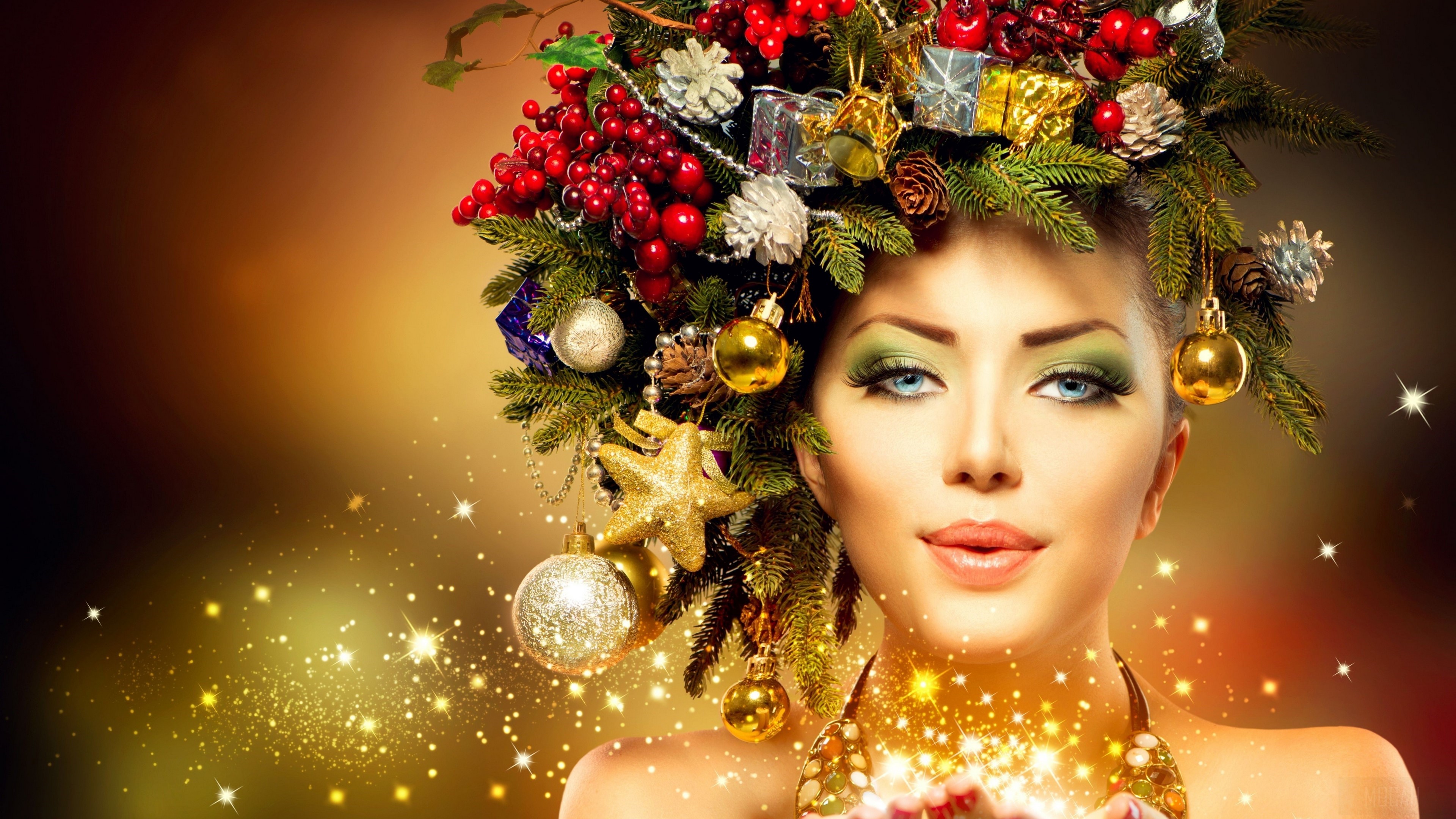 Festive Woman with Sparkling Holiday Decorations in 4K HD Wallpaper