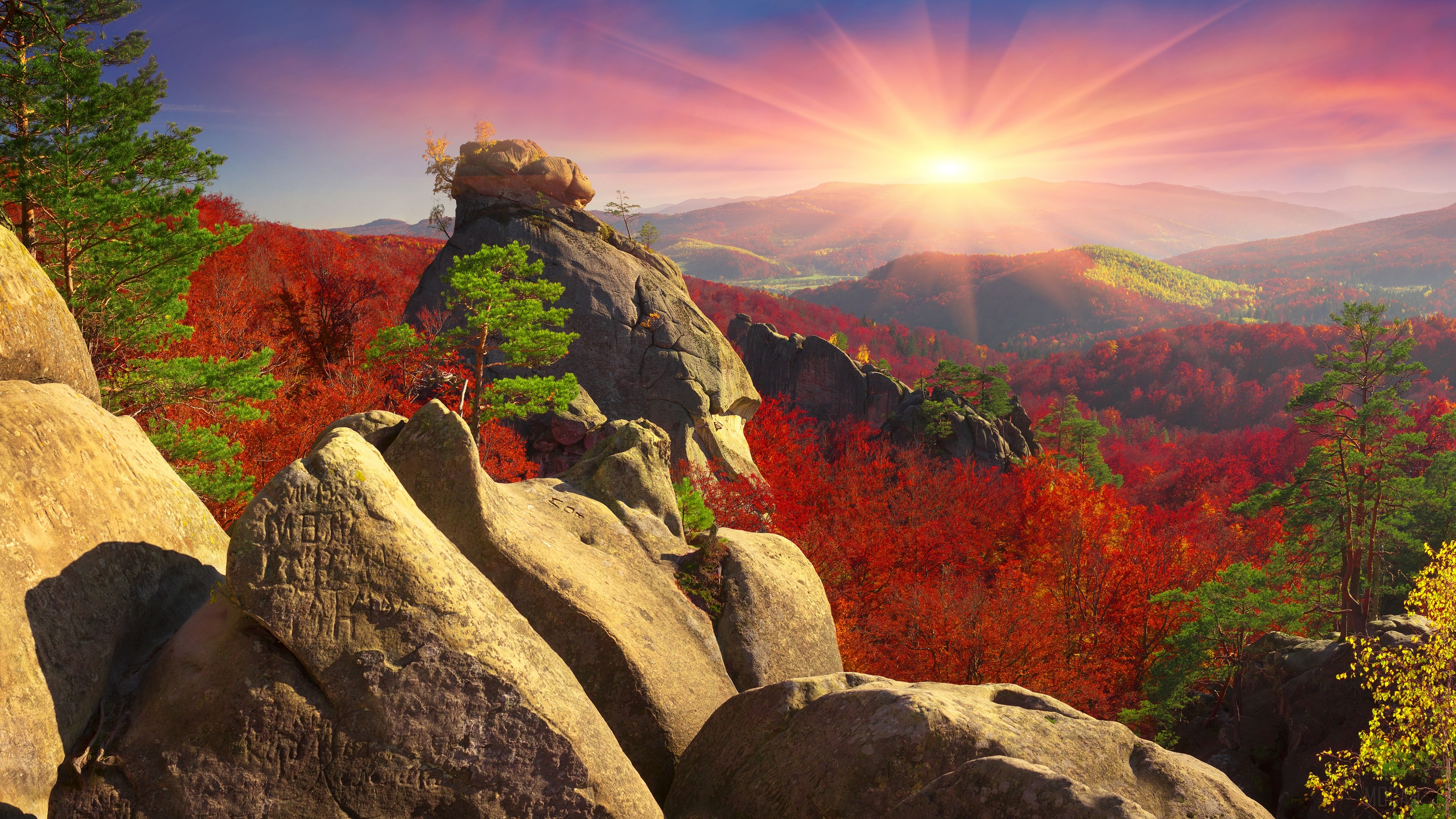 Mountain Landscape with Fall Foliage and Sunset 4K HD Wallpaper