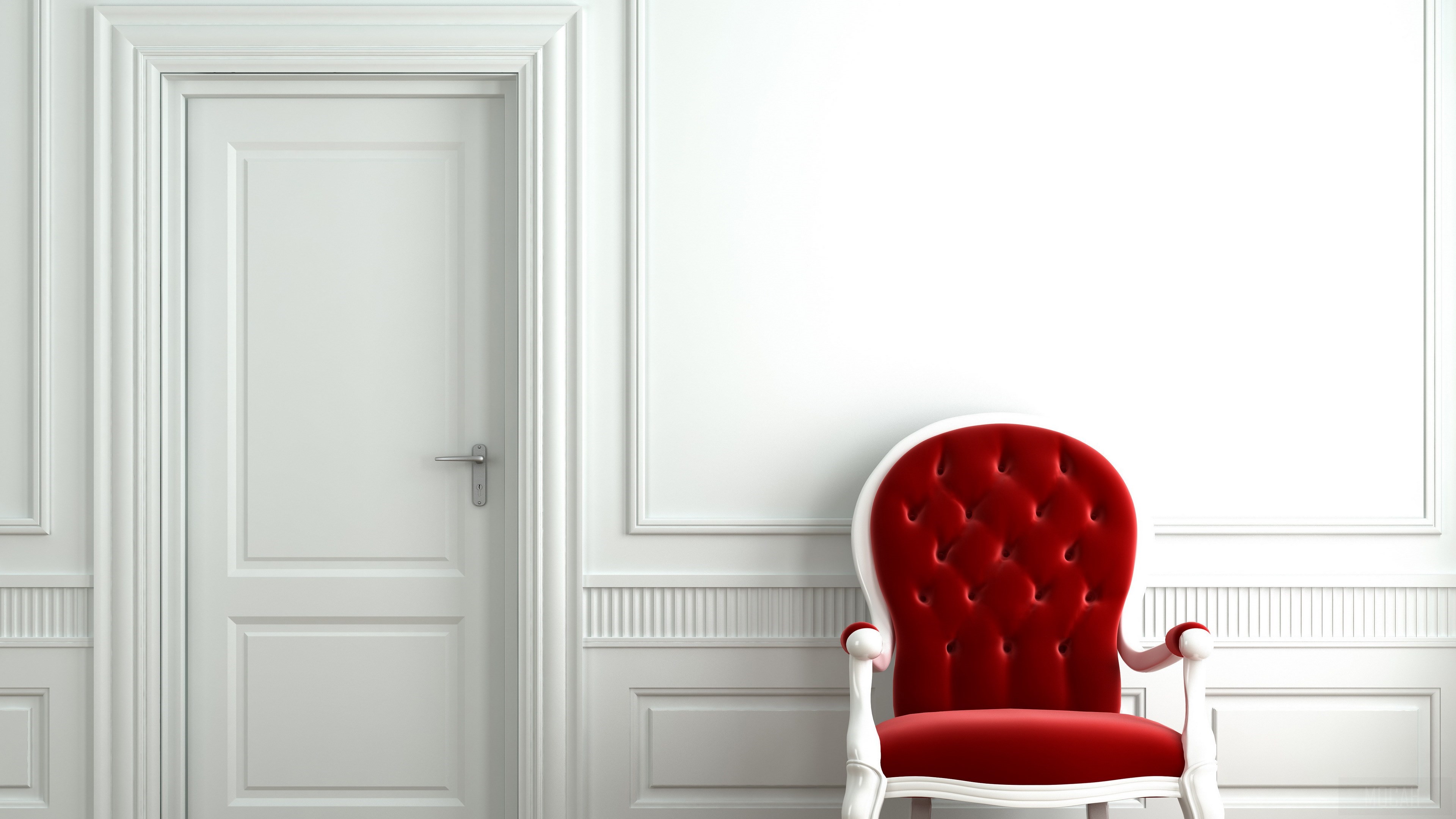 Red armchair next to a white door HD Wallpaper