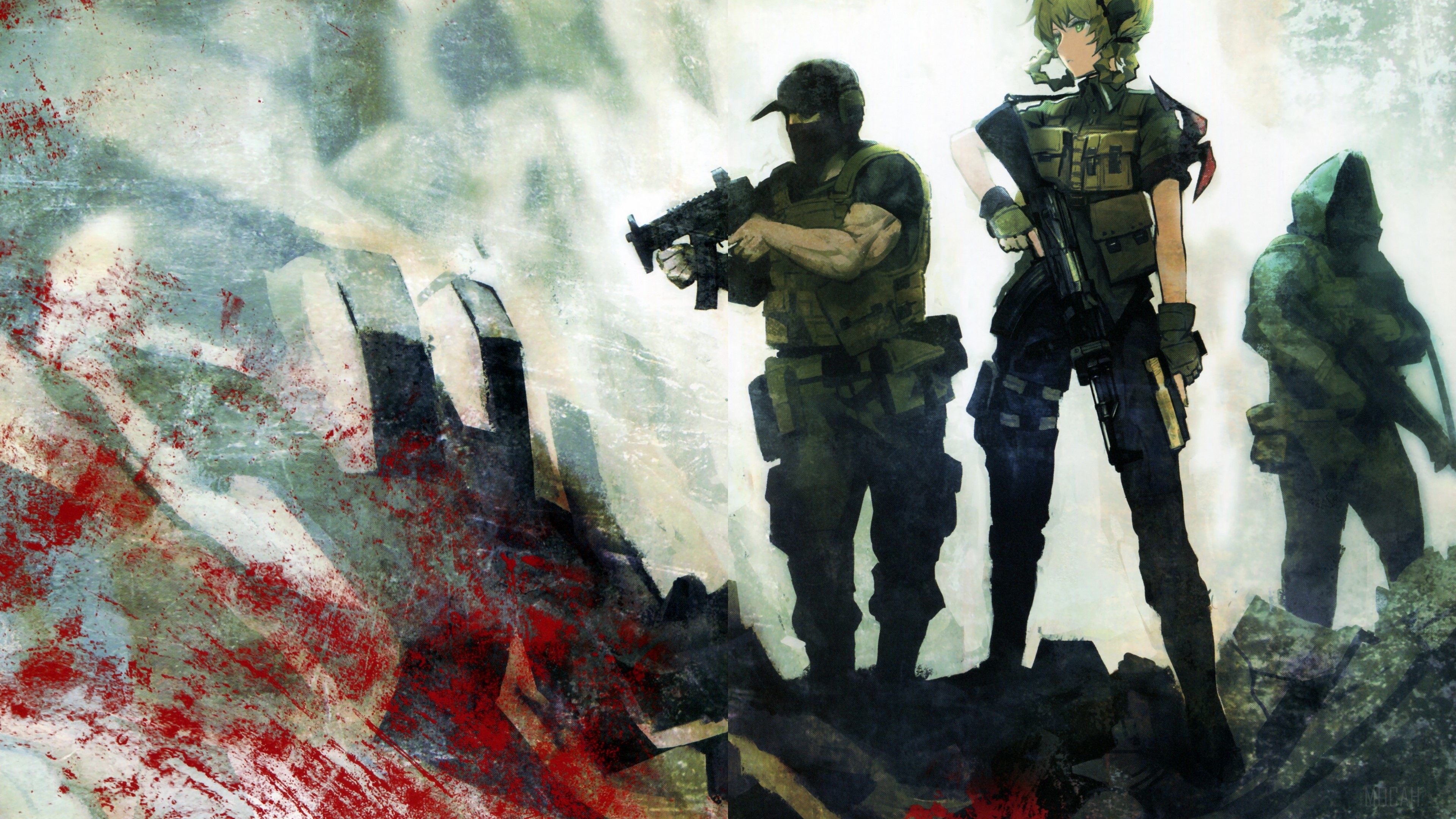 Three soldiers in tactical gear with weapons HD Wallpaper