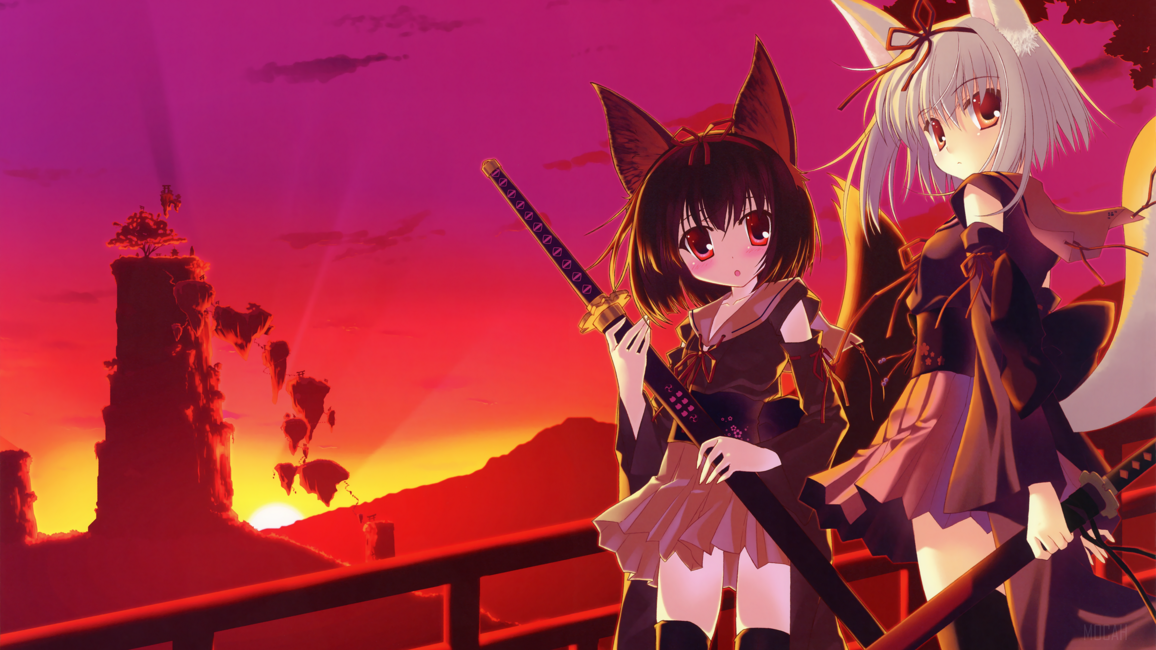 Two anime girls with fox ears and swords at sunset HD Wallpaper