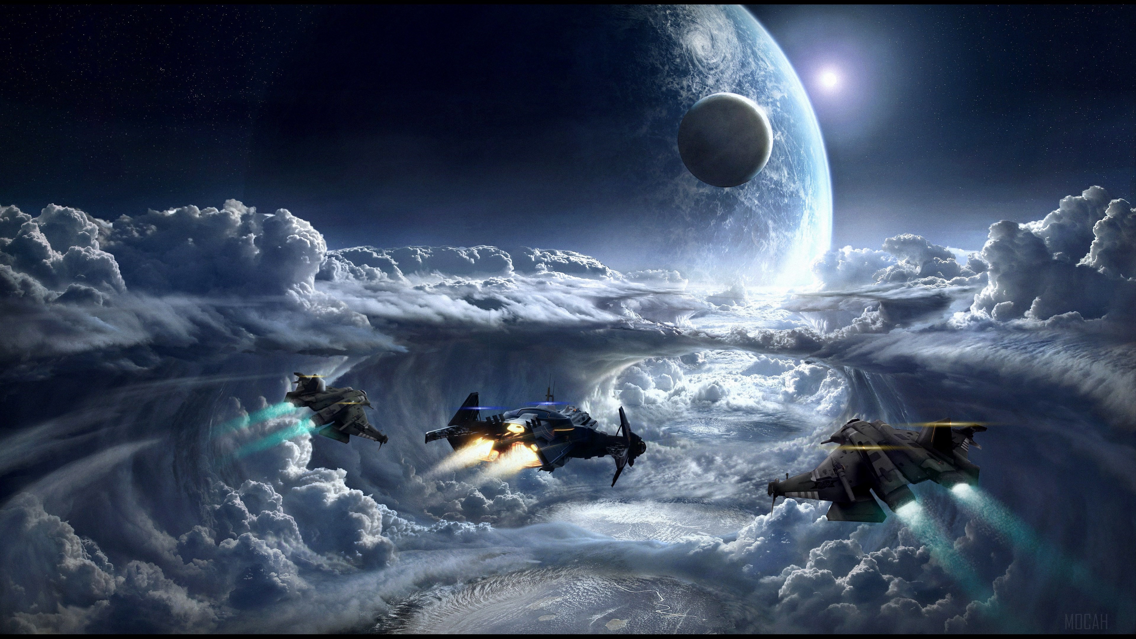 Spaceships flying through clouds near a planet HD Wallpaper