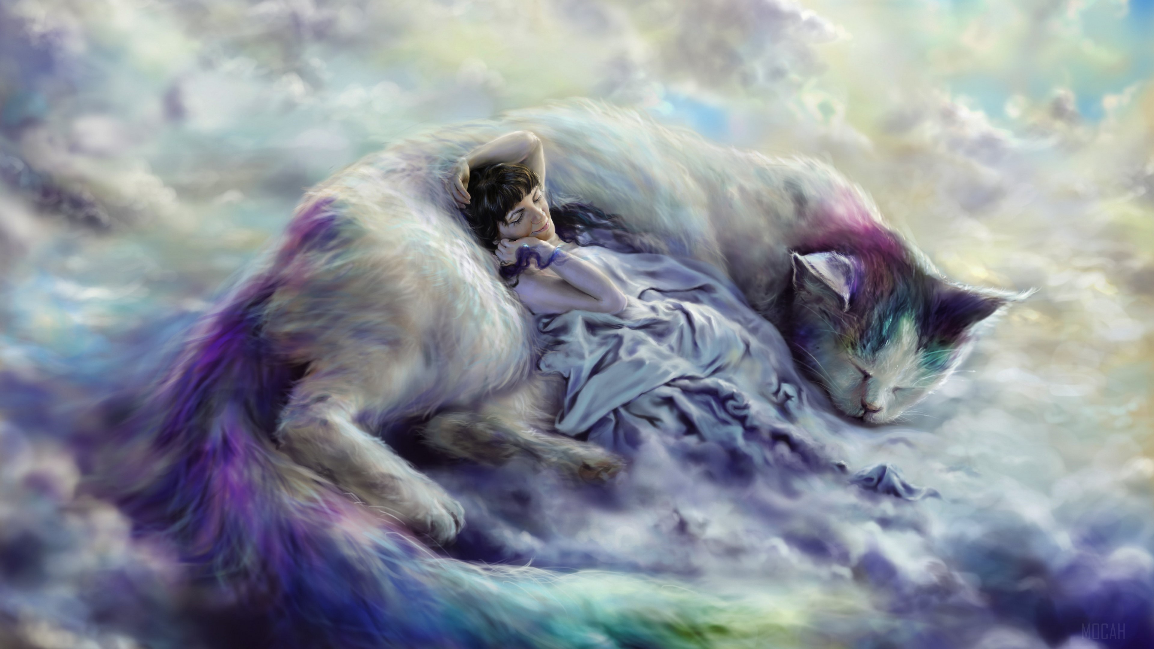 Giant Cat Sleeping with Woman in Clouds 4K HD Wallpaper