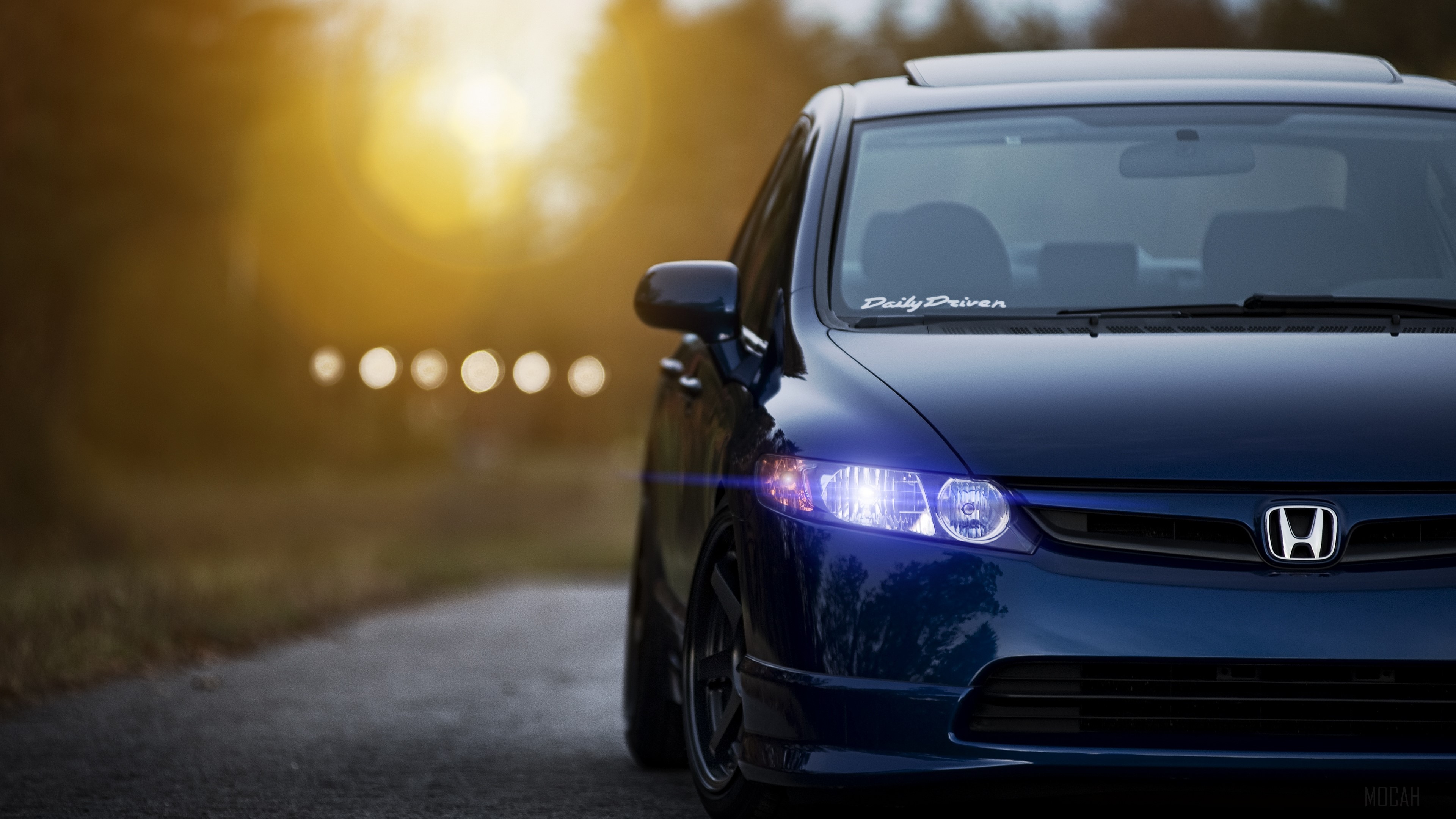 Dark Blue Honda Civic with "Daily Driven" Banner HD Wallpaper