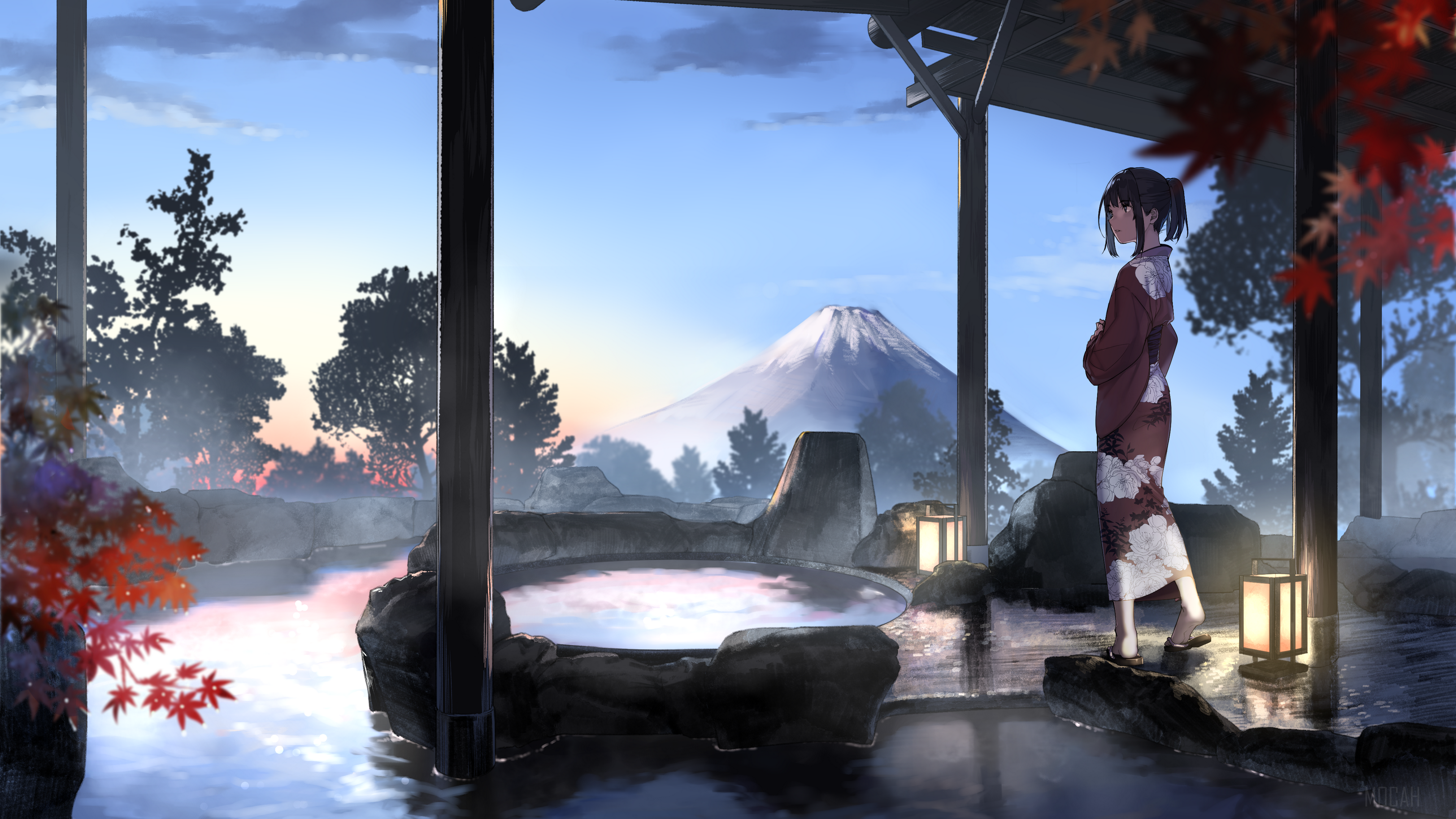Girl in Yukata at Onsen with Mt. Fuji HD Wallpaper