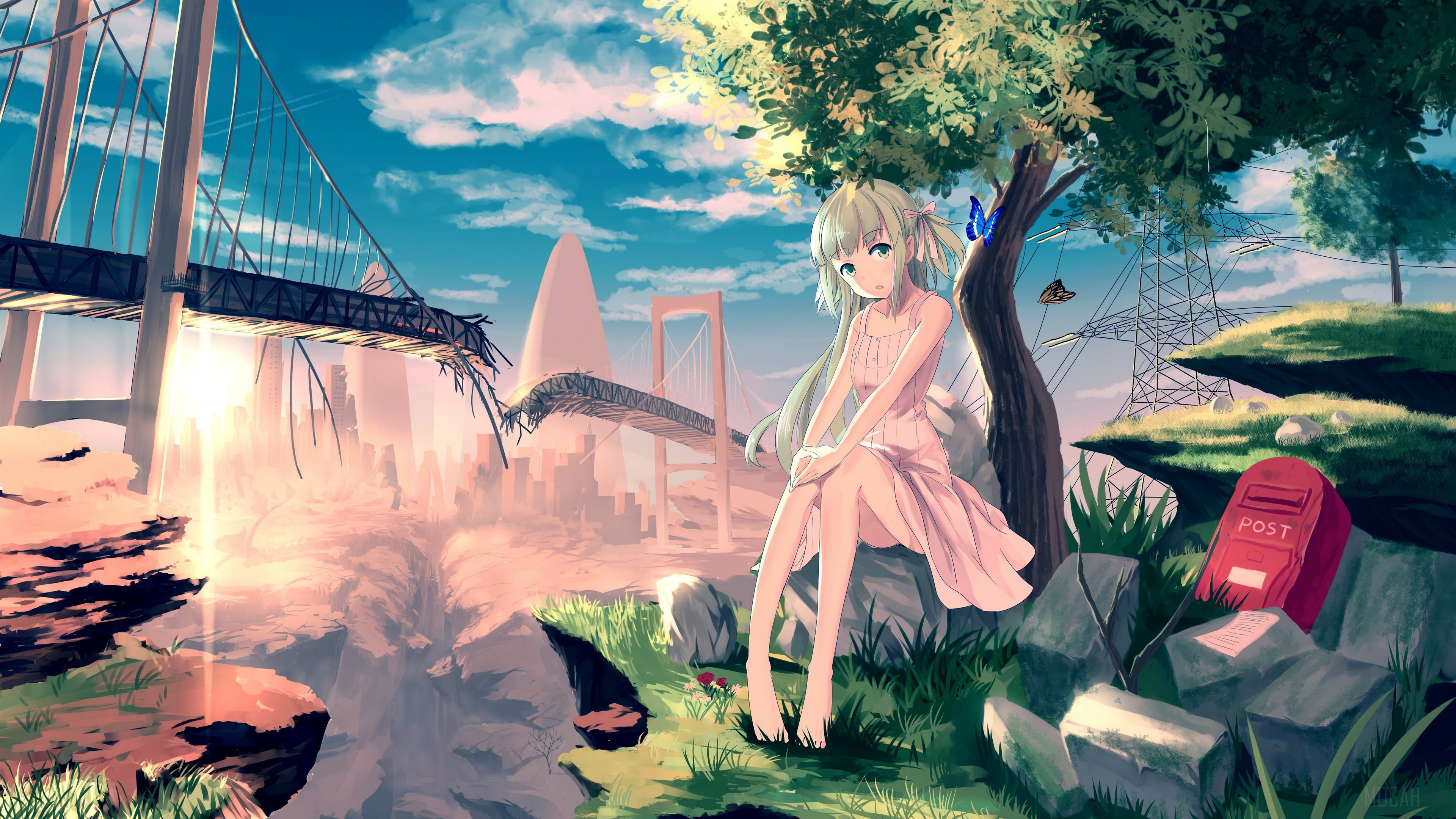 Anime girl sitting by a broken bridge HD Wallpaper