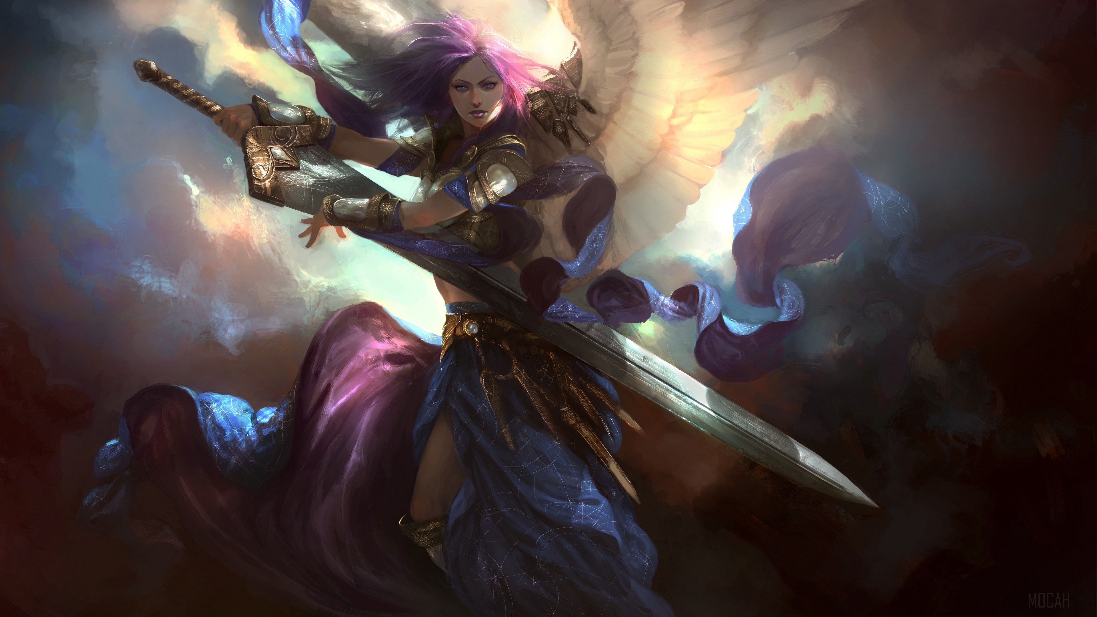 Angel warrior with sword and purple hair HD Wallpaper