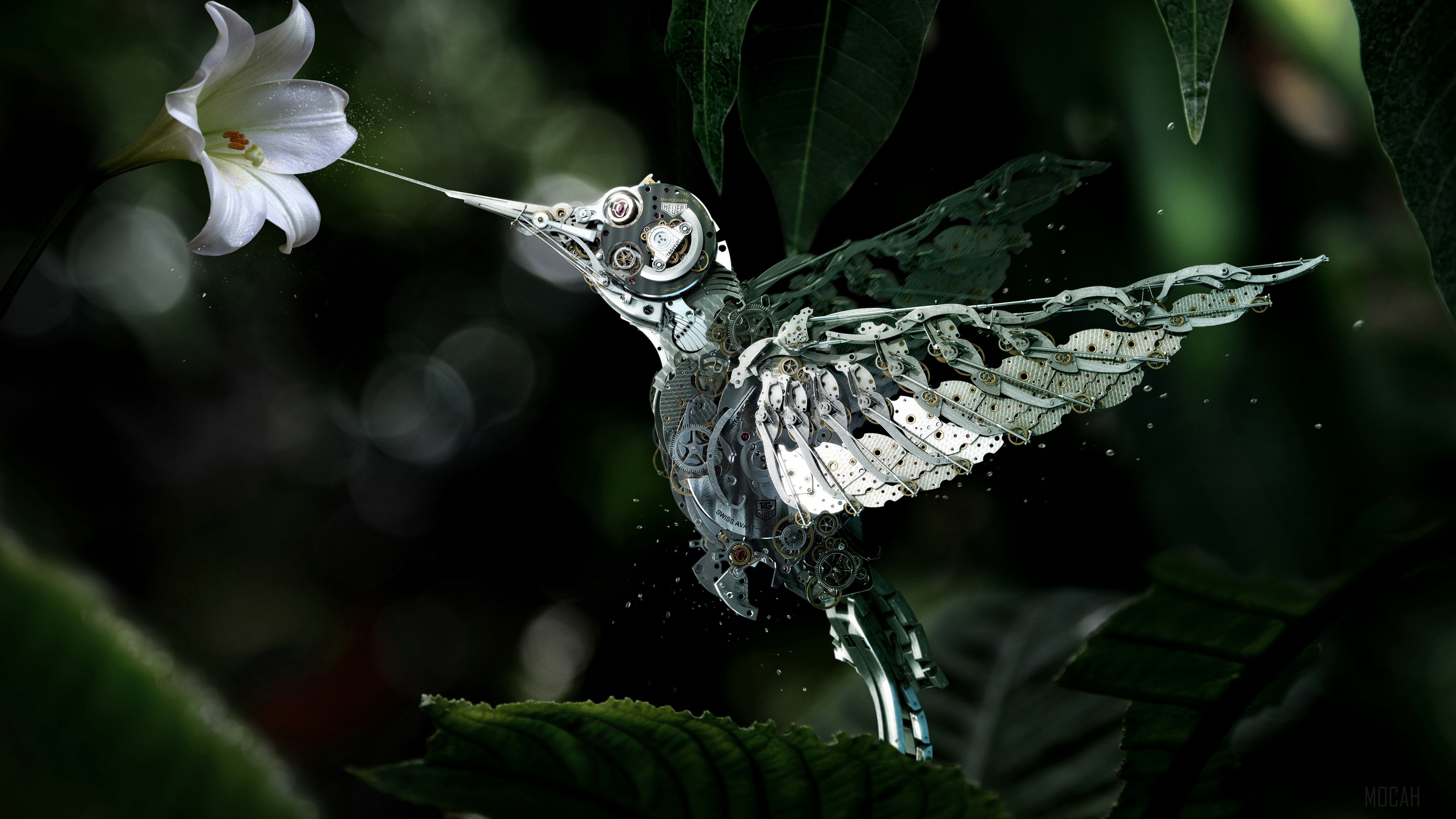 Mechanical hummingbird feeding from a white lily 4K HD Wallpaper