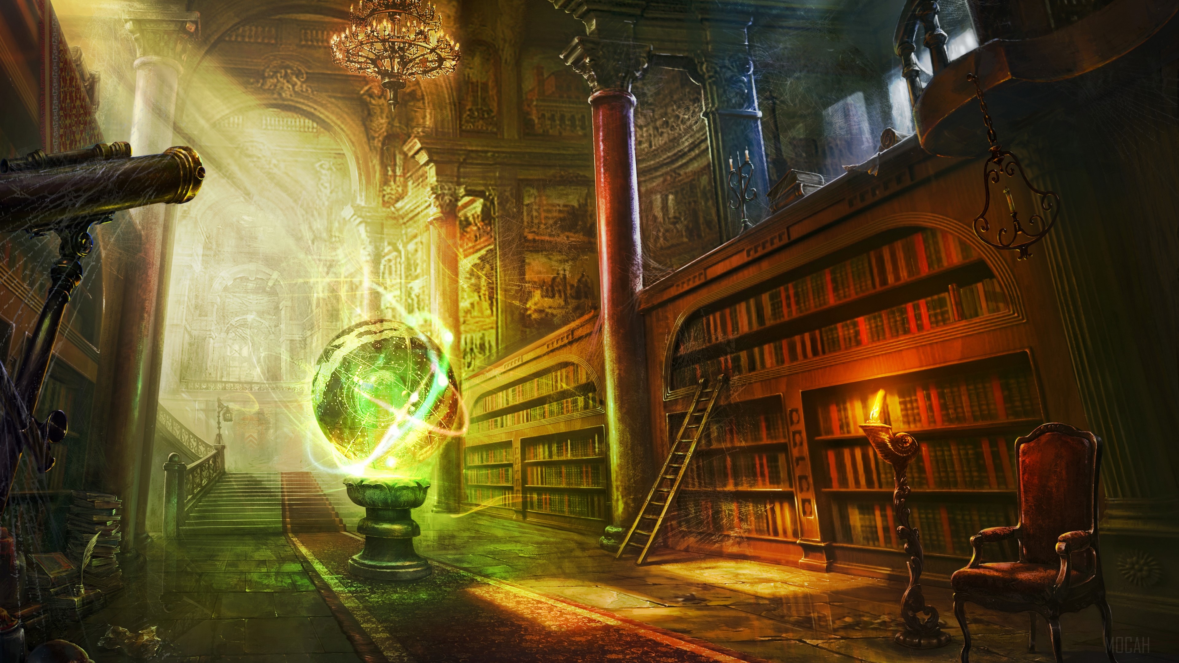 Fantasy Library with Crystal Ball and Telescope HD Wallpaper