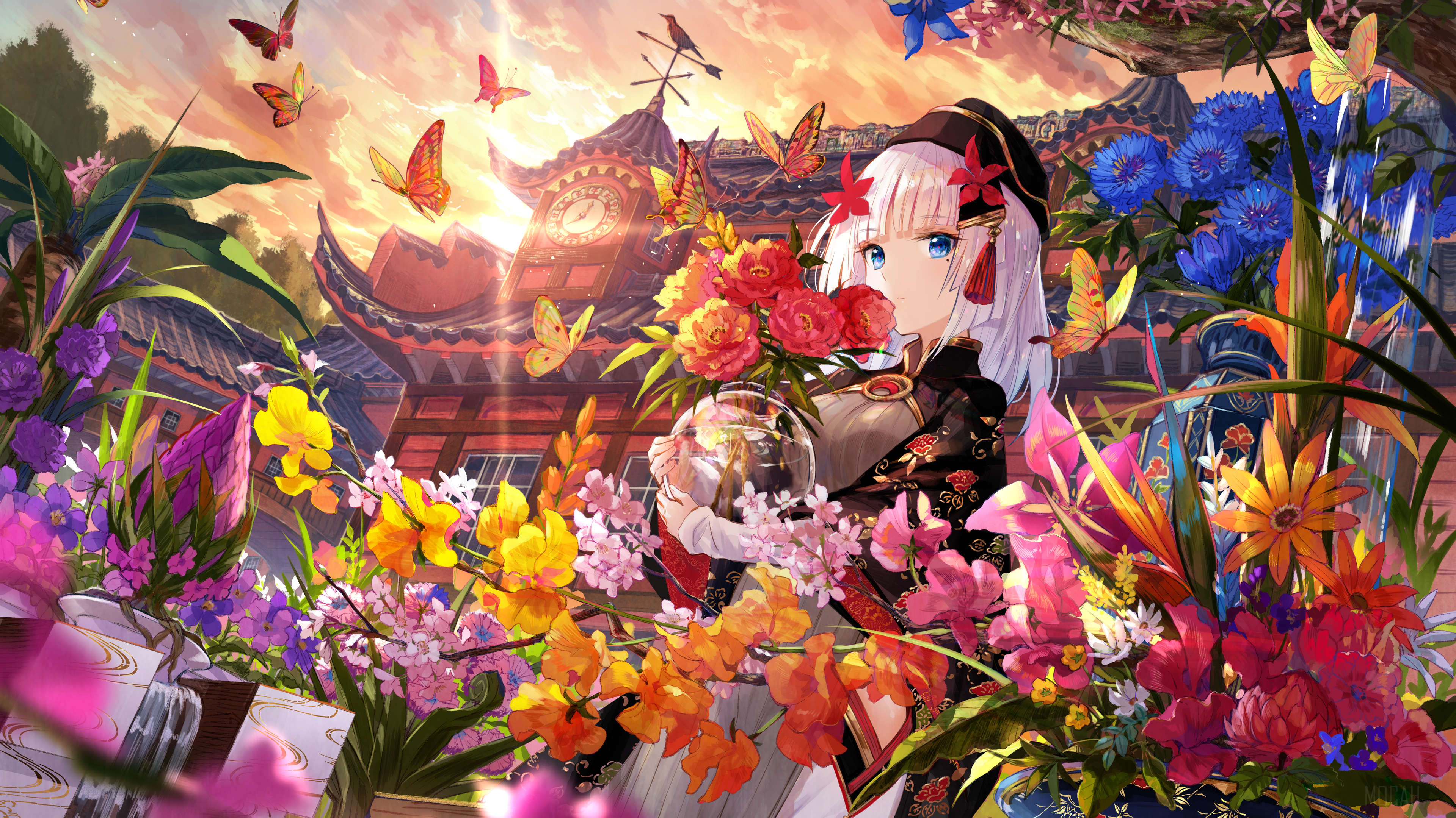 Anime girl with flowers and butterflies HD Wallpaper