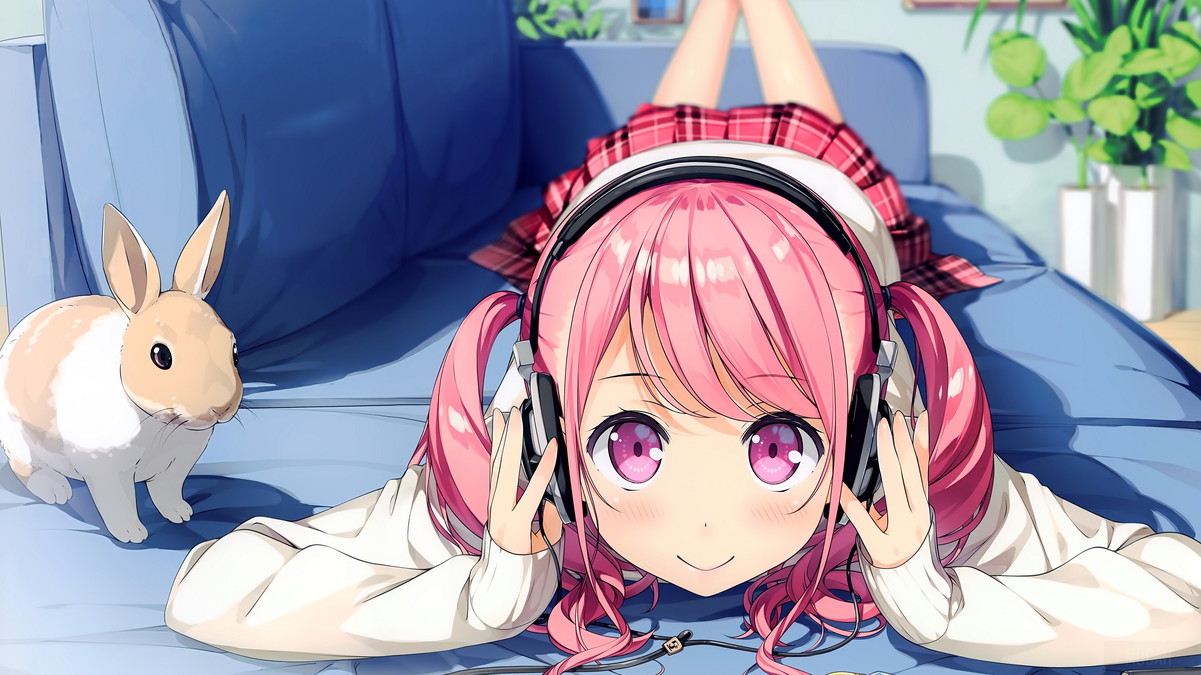 Girl with pink hair and headphones with a rabbit HD Wallpaper