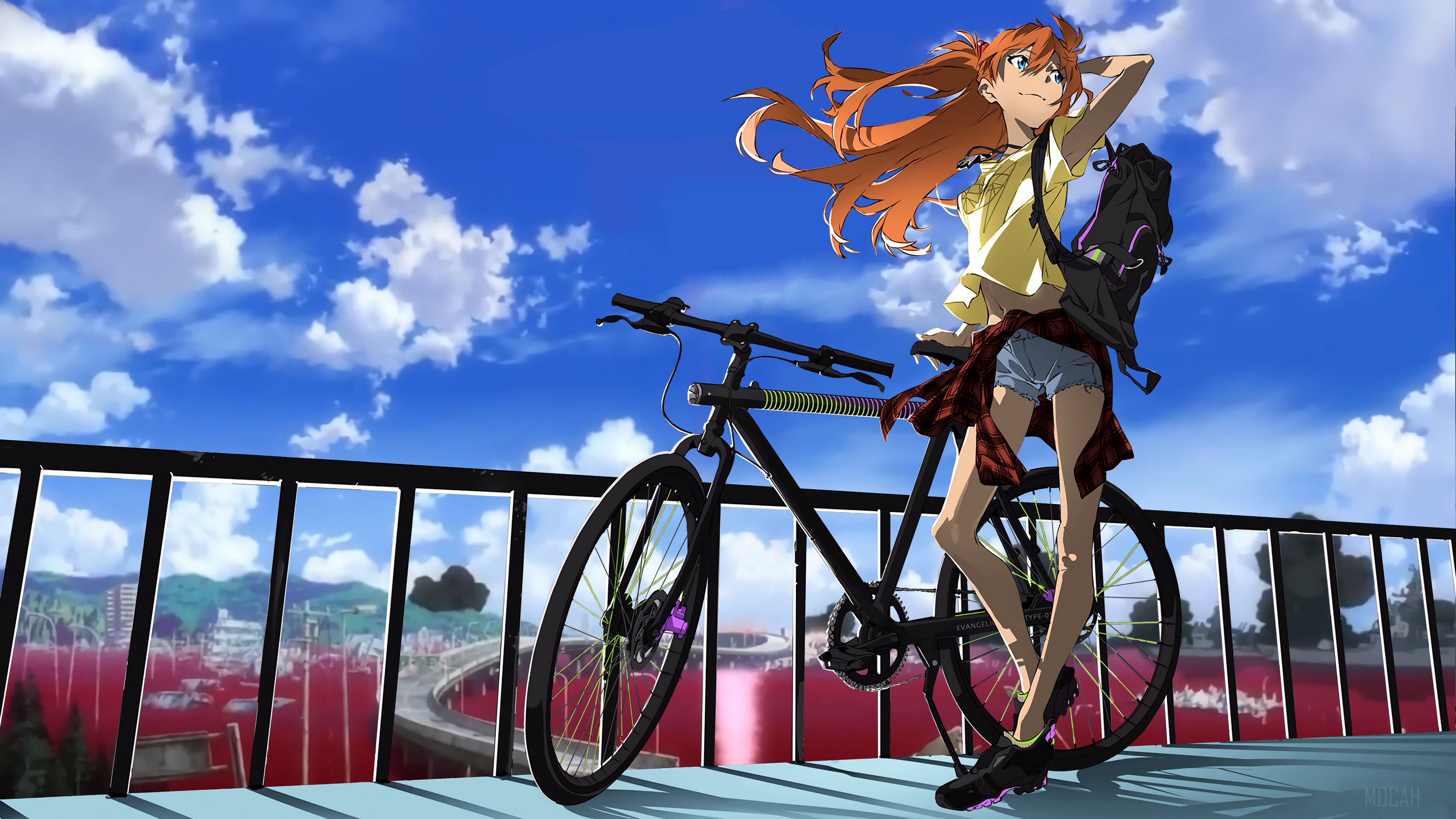 Asuka Langley Sohryu from Neon Genesis Evangelion with a bike HD Wallpaper
