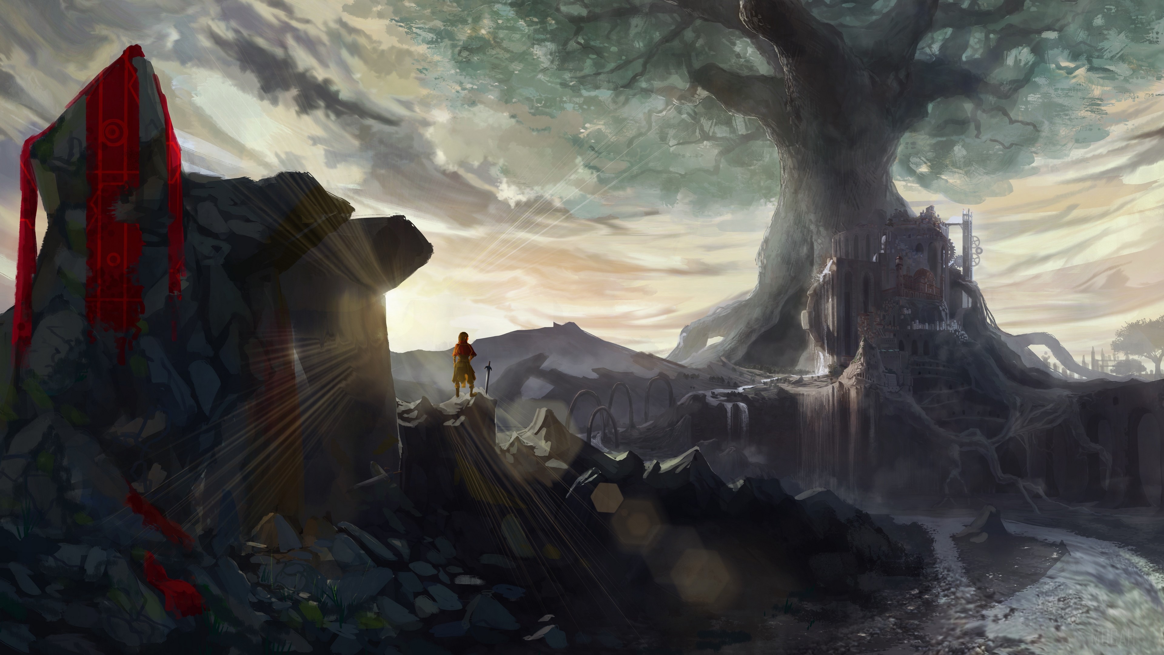 Fantasy landscape with ancient tree and ruins HD Wallpaper