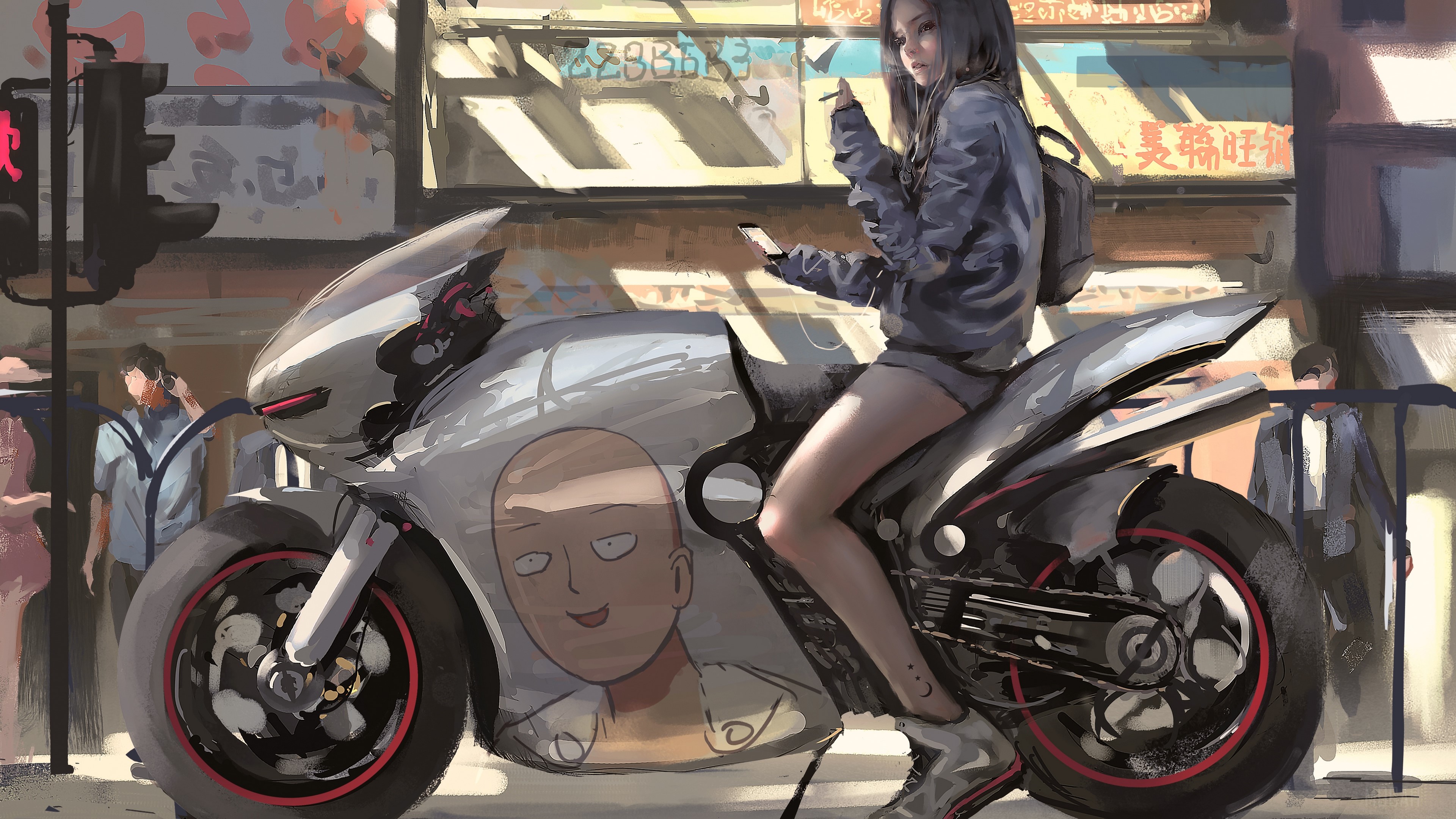 Girl on a motorcycle with Saitama art HD Wallpaper