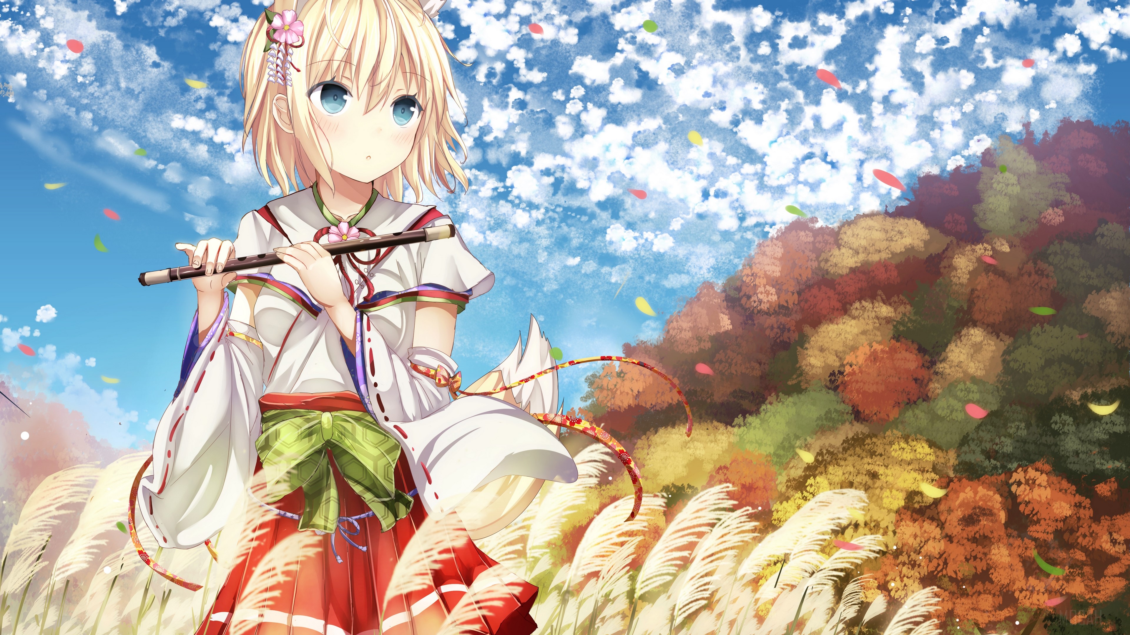 Anime Girl Playing Flute in Autumn Field HD Wallpaper