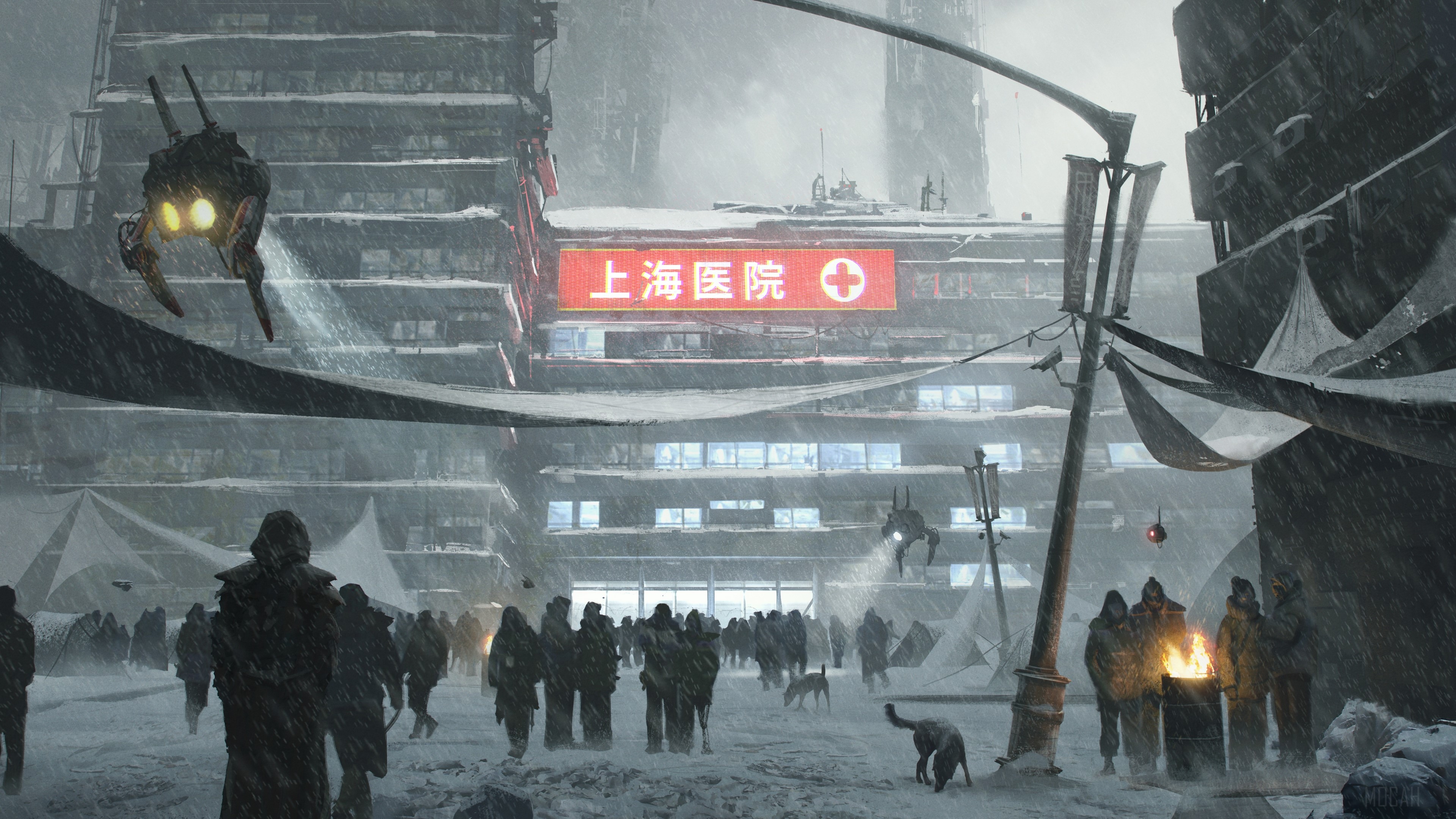 Cyberpunk hospital in a snowstorm with robots and people HD Wallpaper