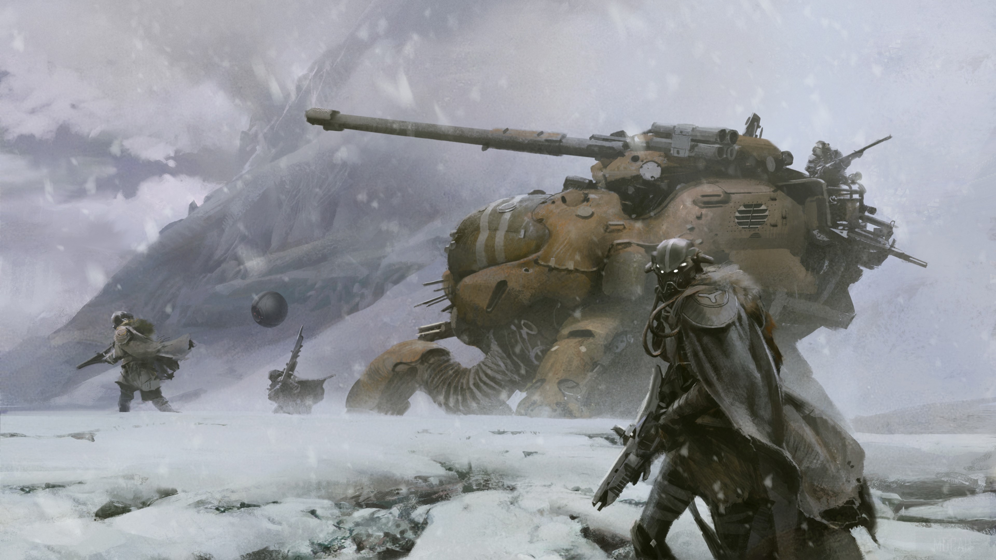 Destiny 4K concept art of soldiers and a tank in snow HD Wallpaper