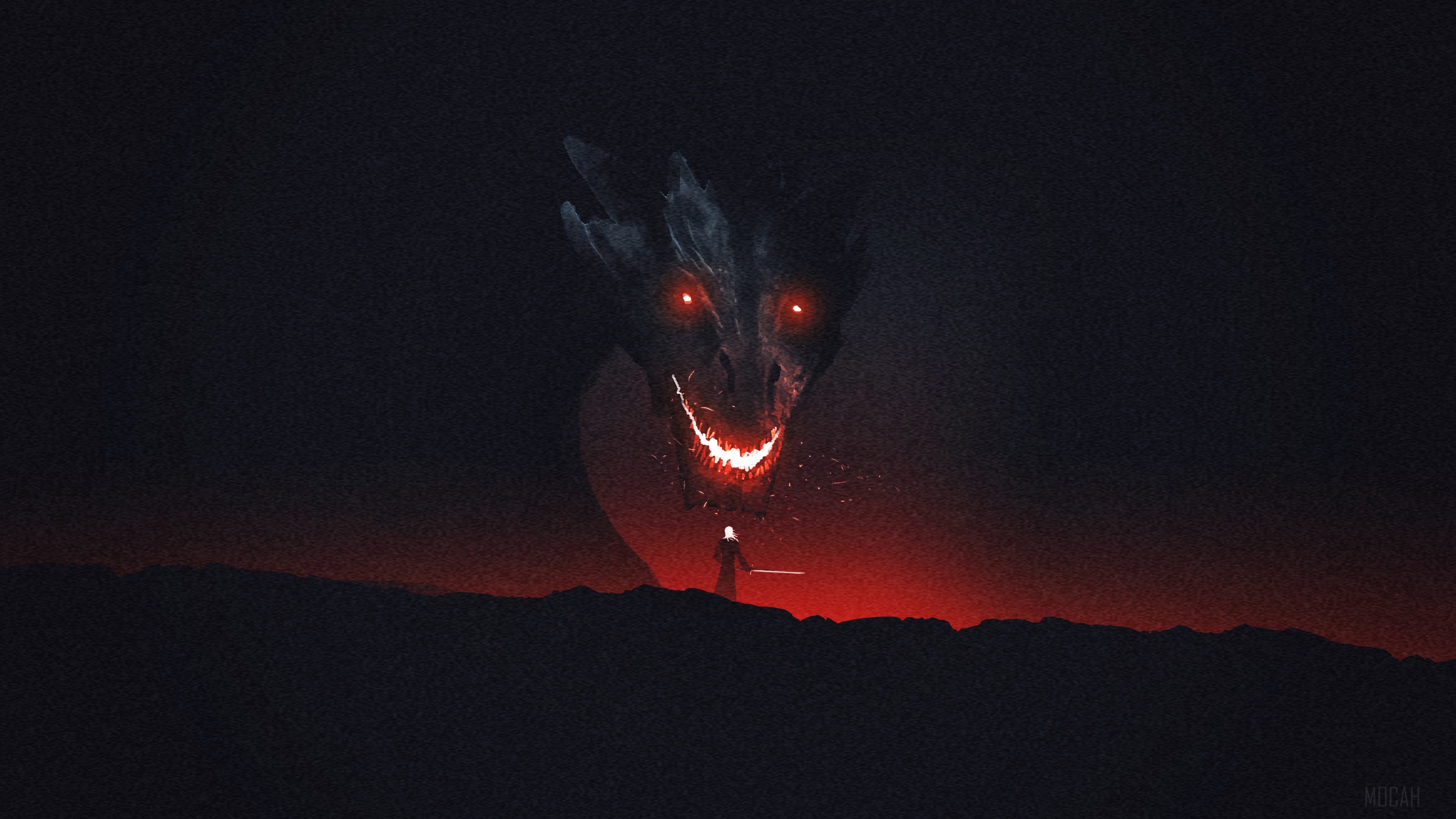 Dragon and warrior in front of red glow HD Wallpaper