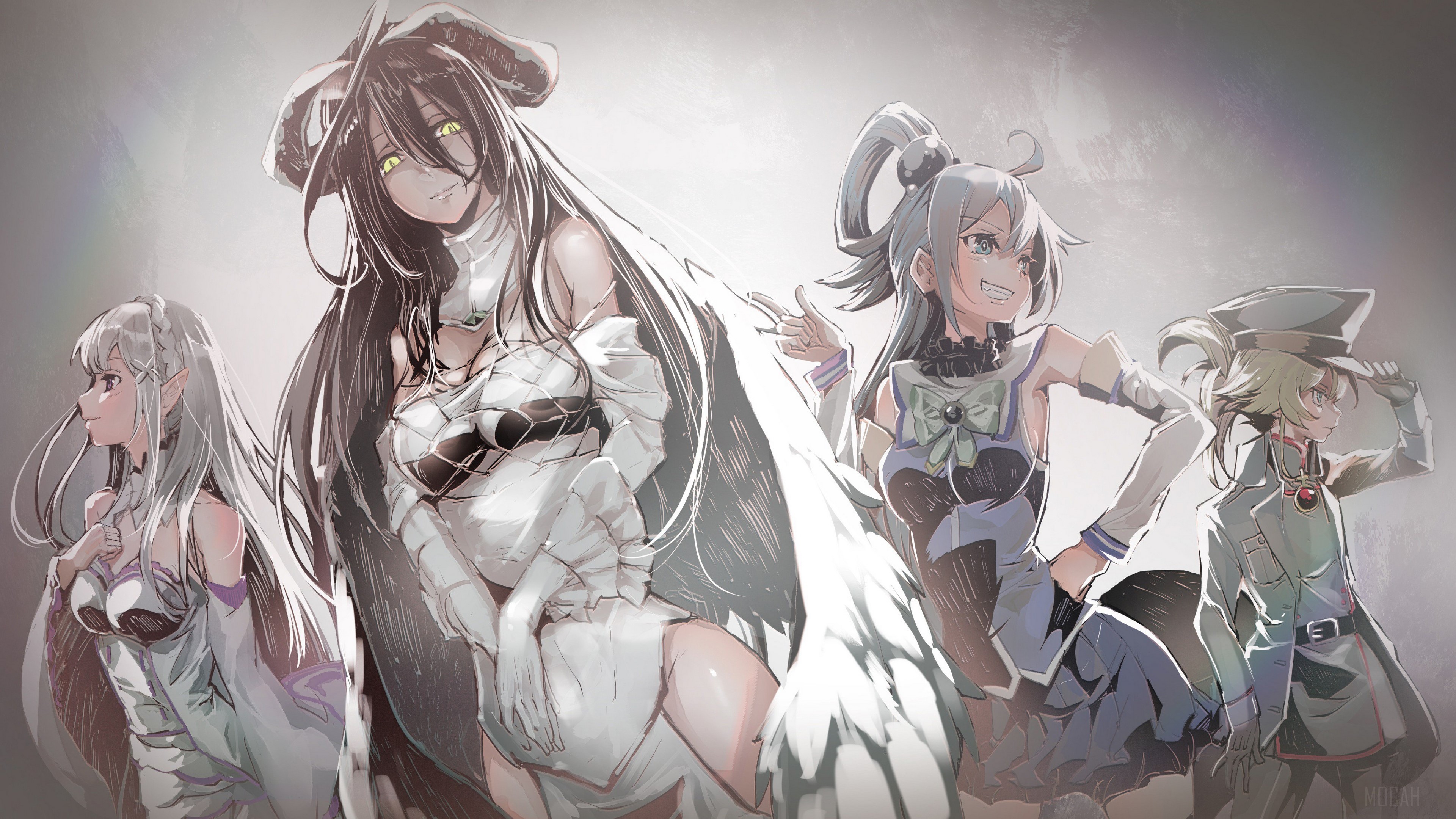 Albedo, Aqua, Emilia, and Tanya Degurechaff from Overlord, KonoSuba, Re:ZERO, and Youjo Senki 4K HD Wallpaper