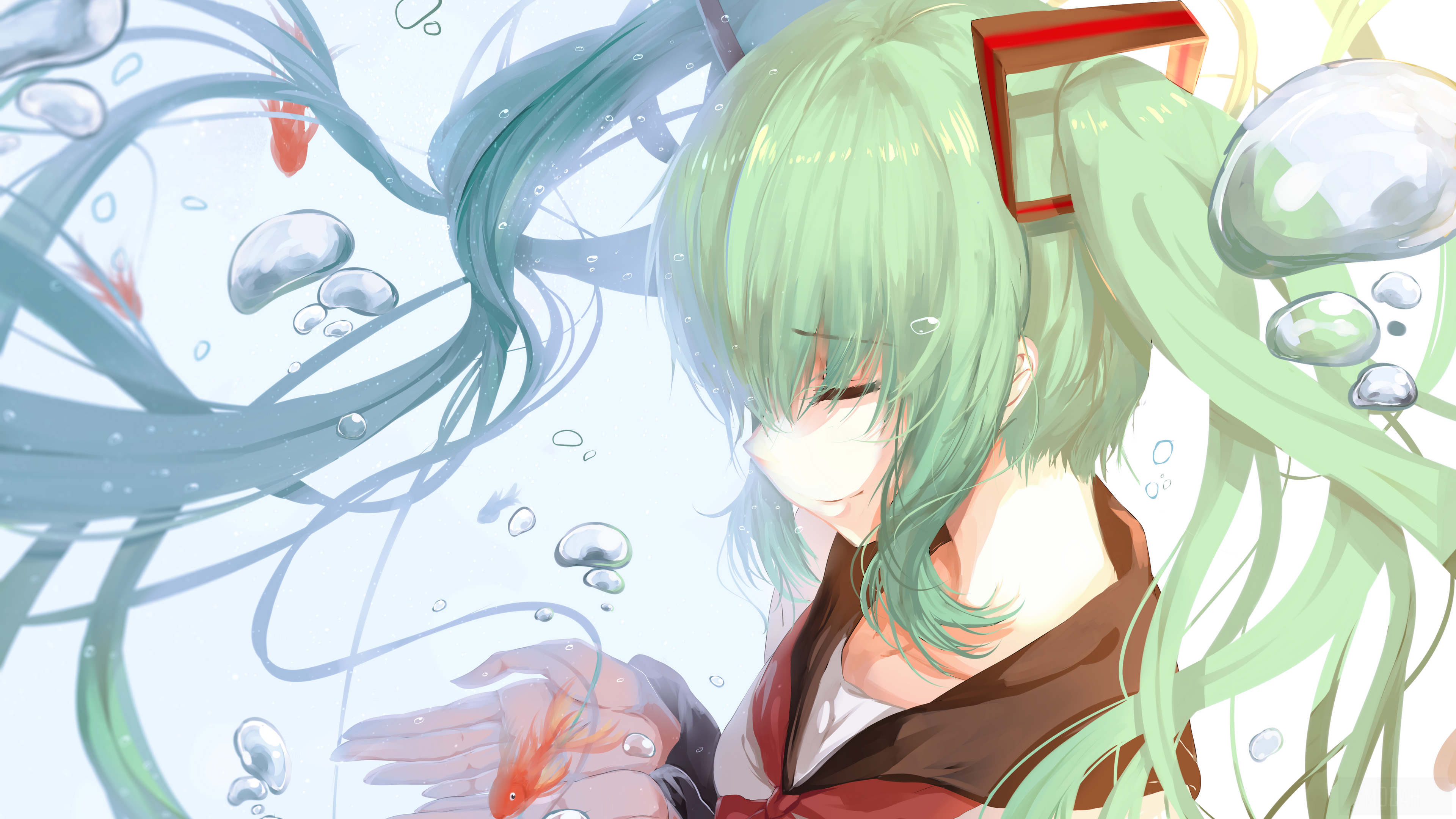 Hatsune Miku with Koi Fish and Bubbles HD Wallpaper