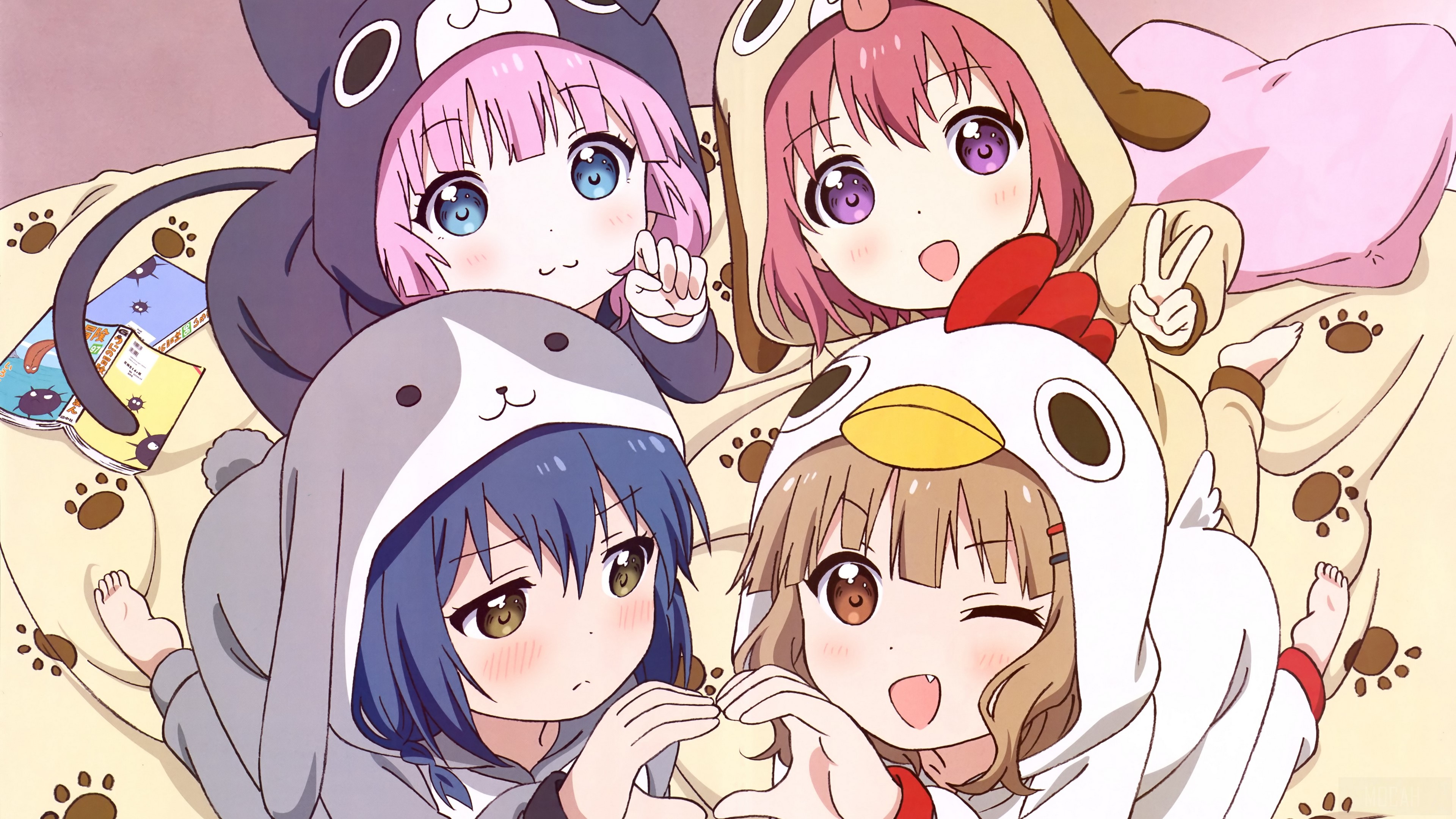 YuruYuri characters in animal onesies 4K HD Wallpaper