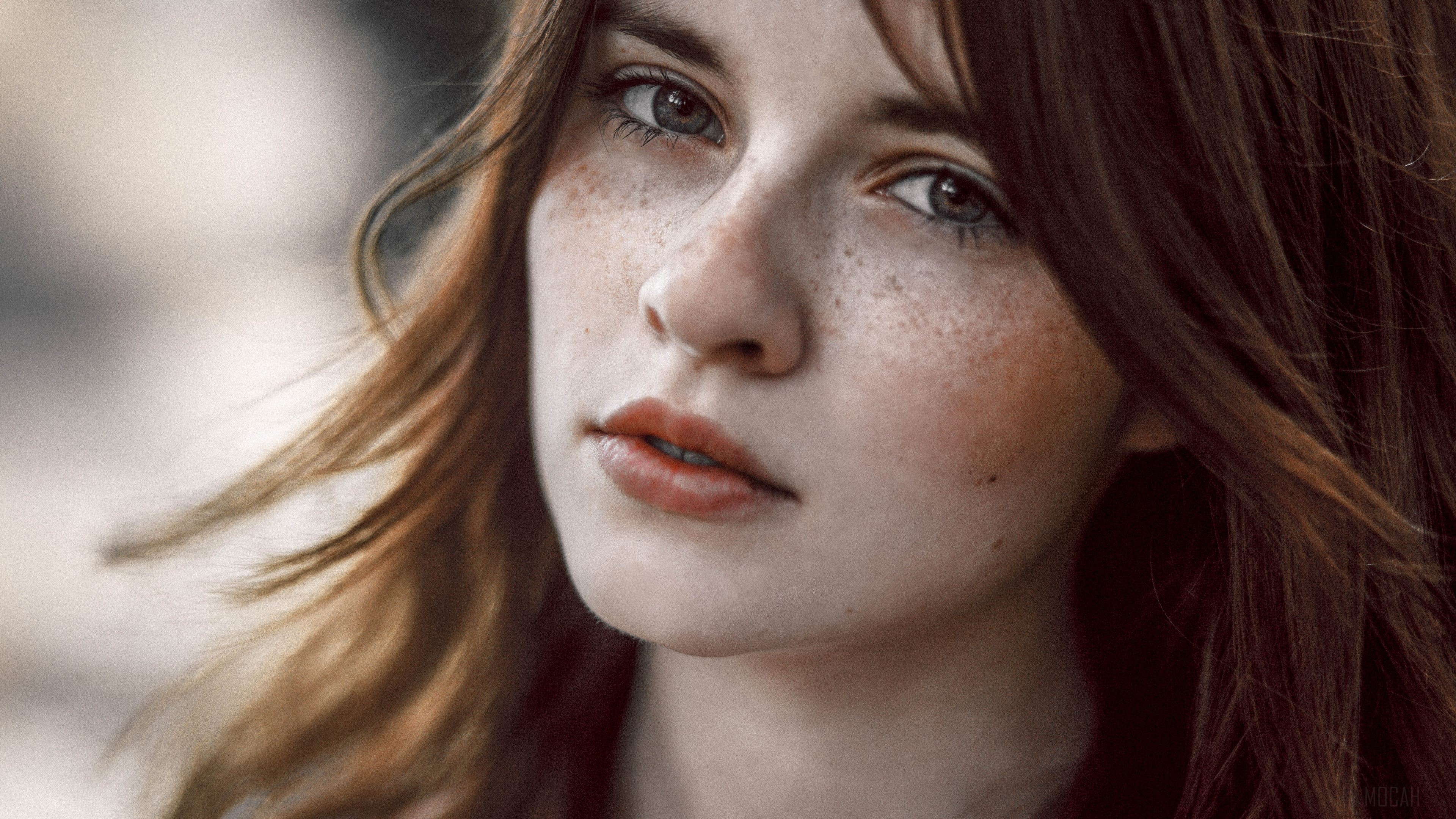 Freckled Brunette Woman Portrait in Soft Light HD Wallpaper