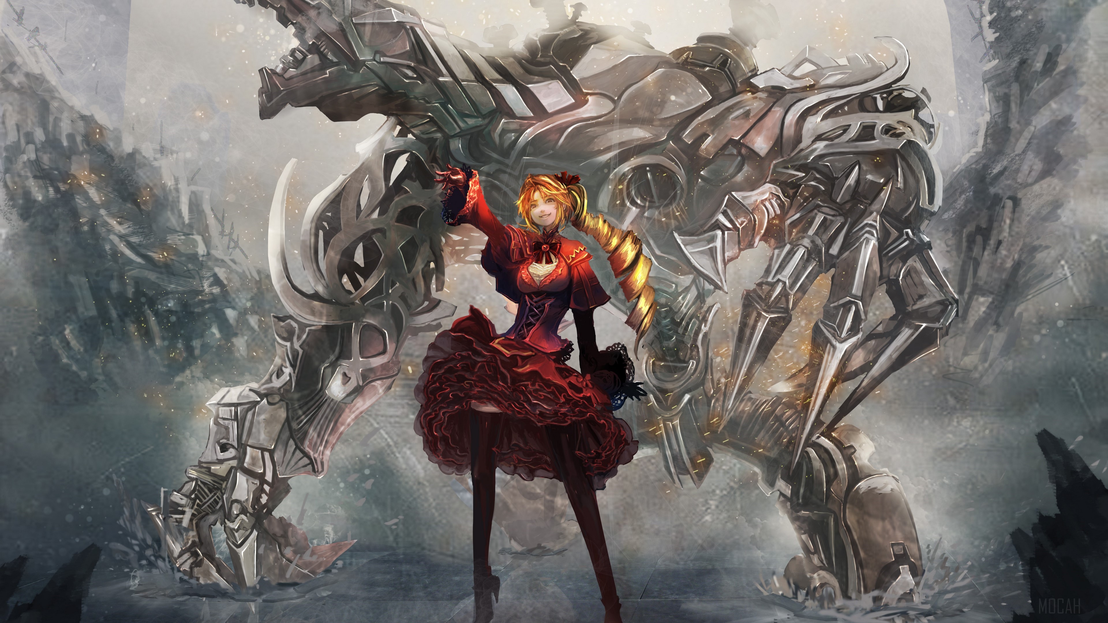 Girl with a giant robot HD Wallpaper