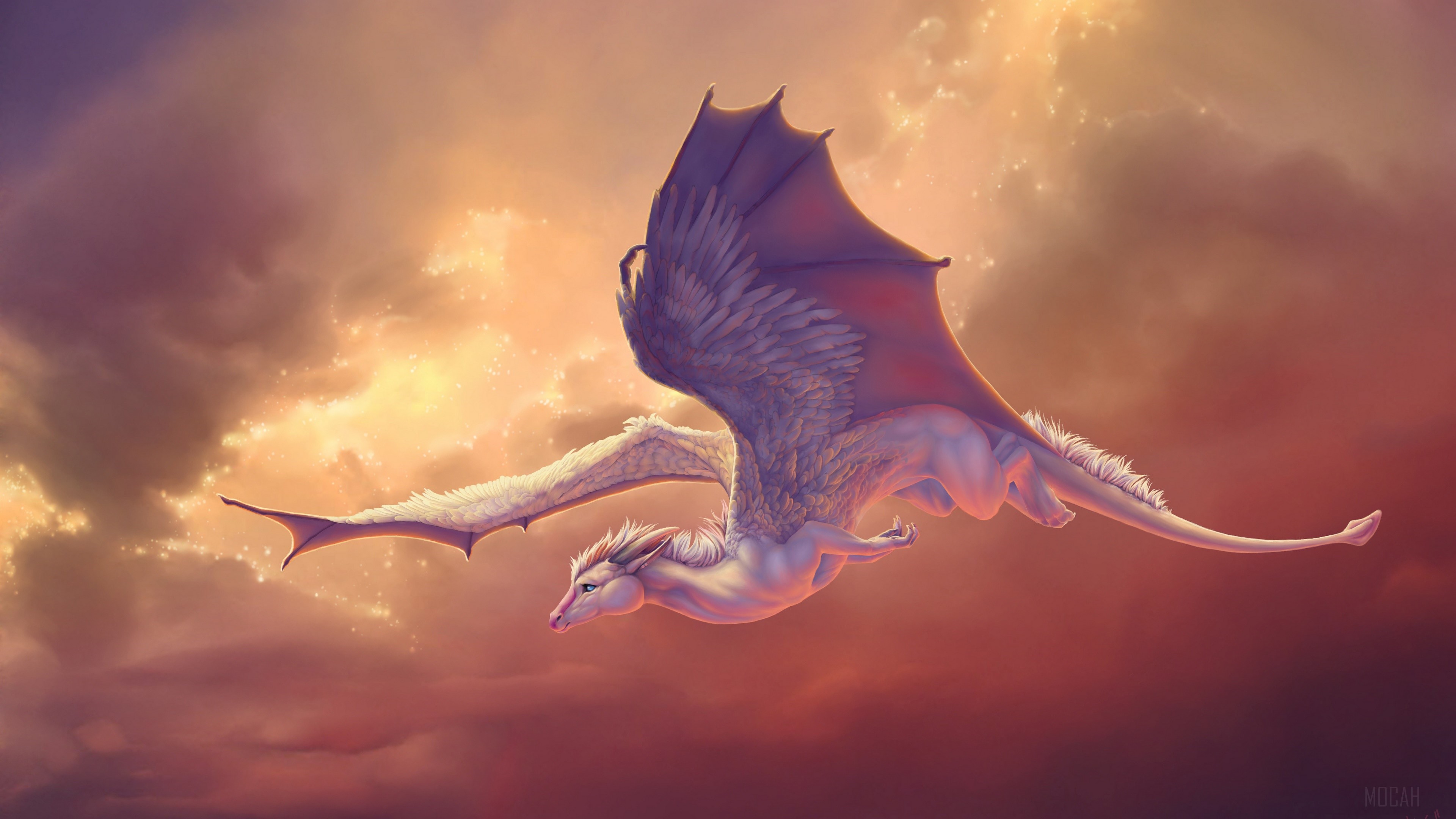 Dragon flying through clouds 4K HD Wallpaper