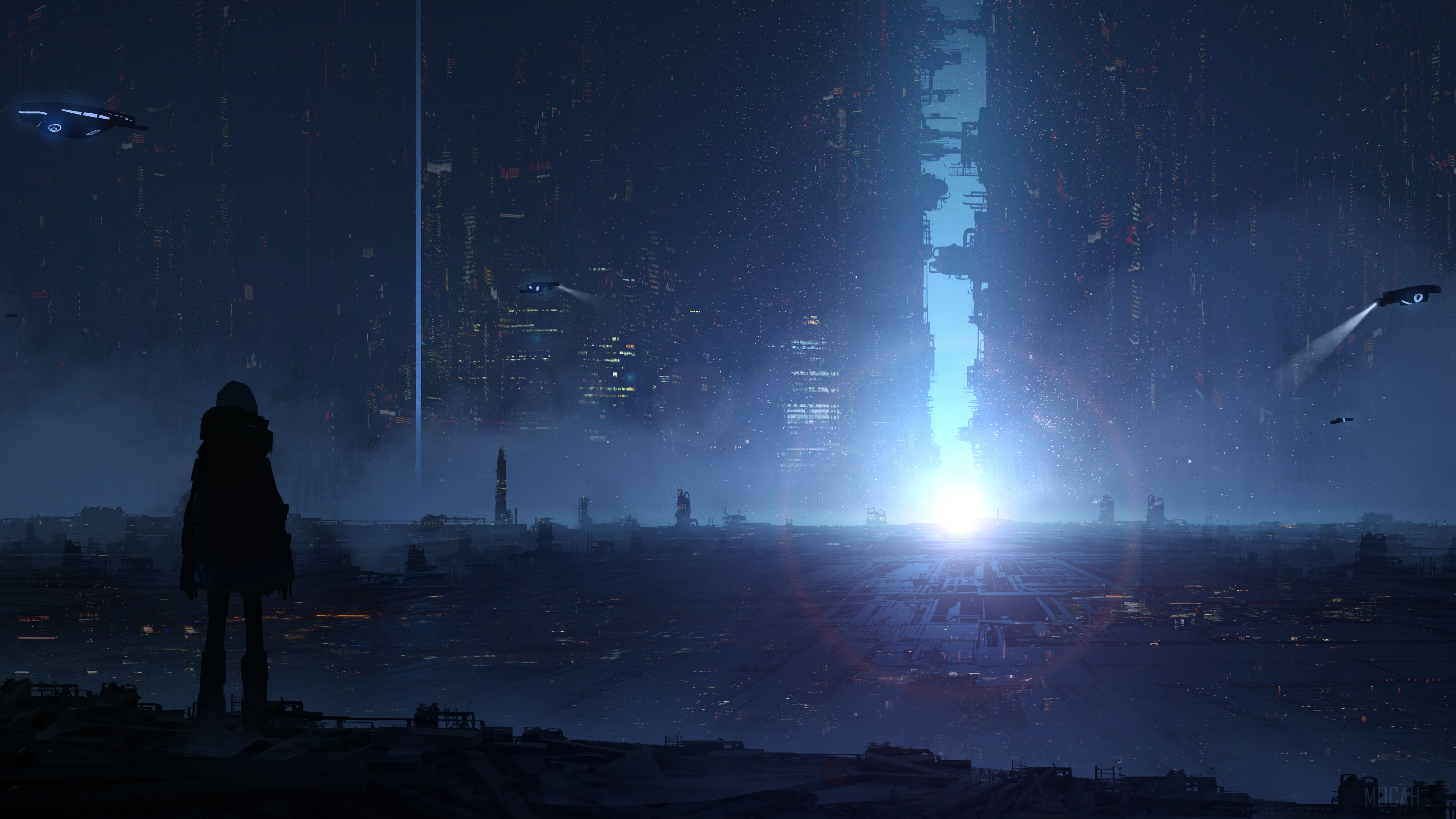 Futuristic Cityscape with a Lone Figure 4K HD Wallpaper