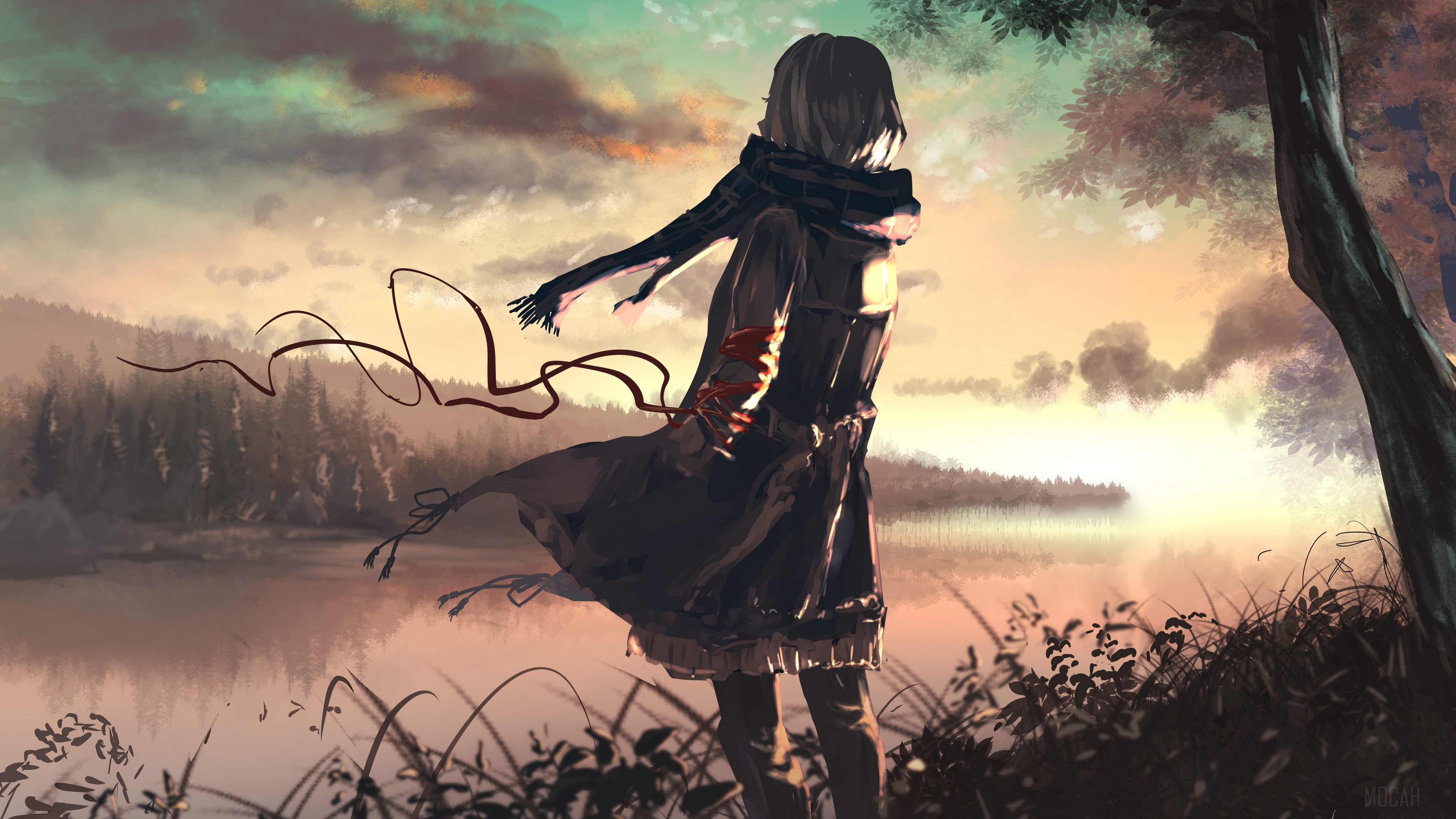 Anime girl with scarf by lake at sunset HD Wallpaper