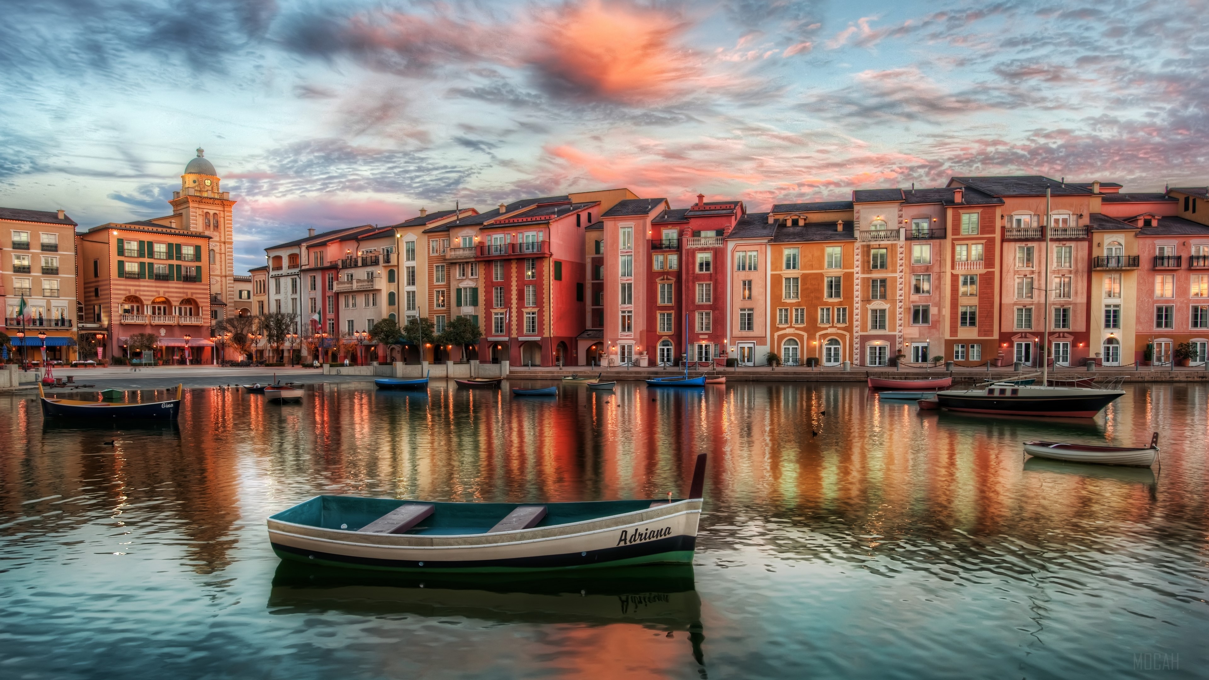 Colorful Buildings and Boats on Water at Sunset HD Wallpaper