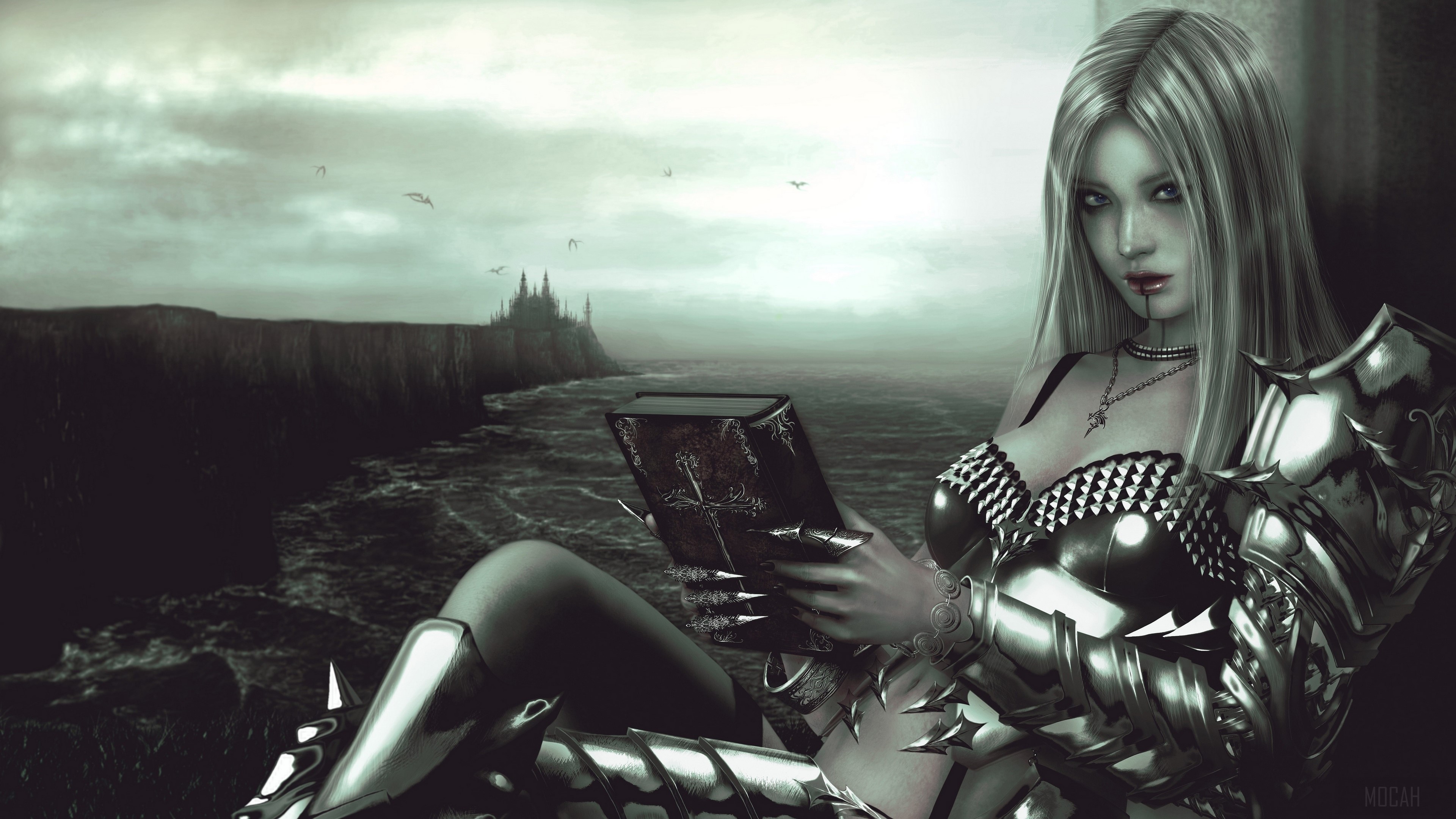 Woman in armor reading a book on a coastline HD Wallpaper