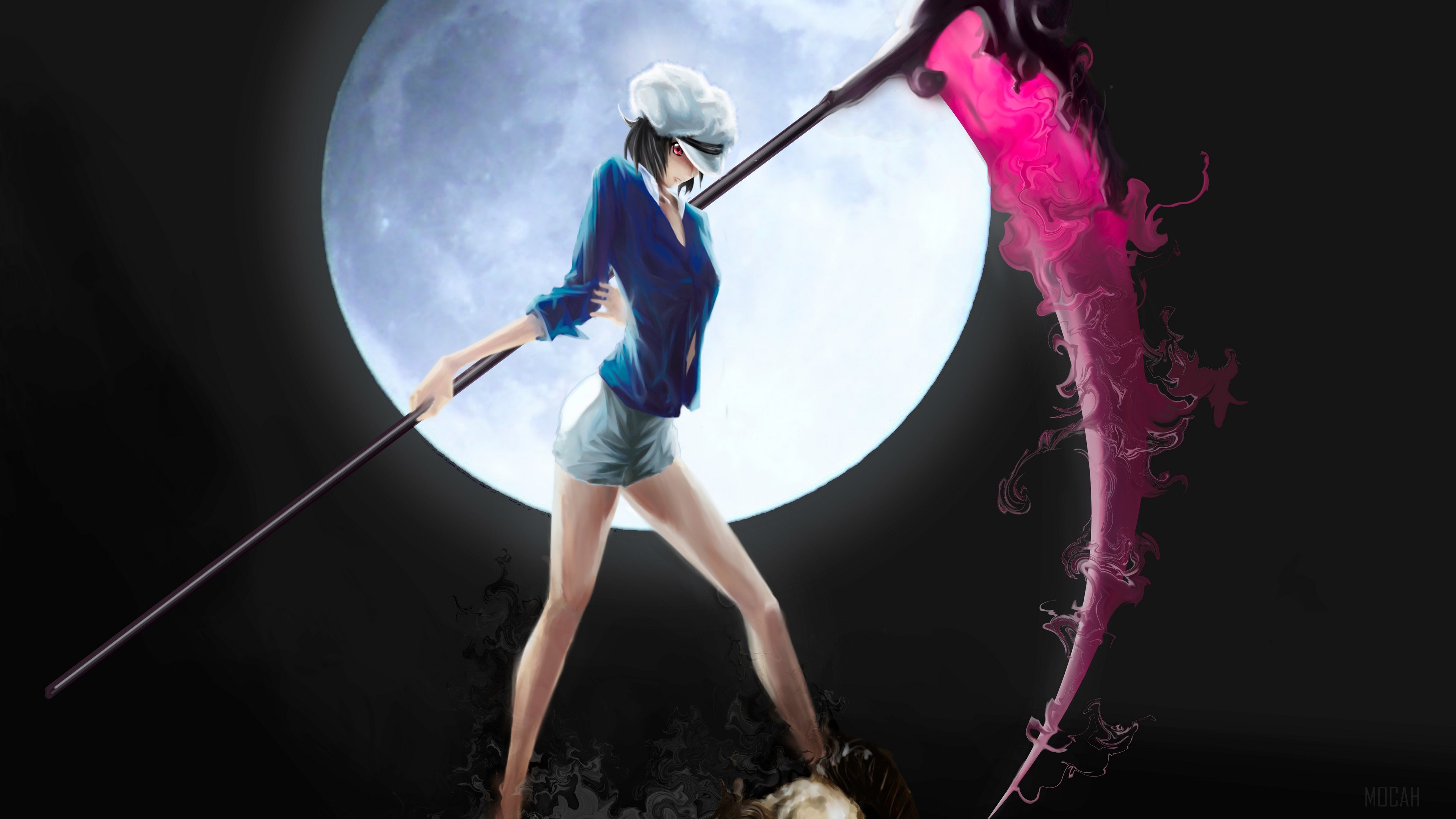 Girl with scythe in front of moon HD Wallpaper