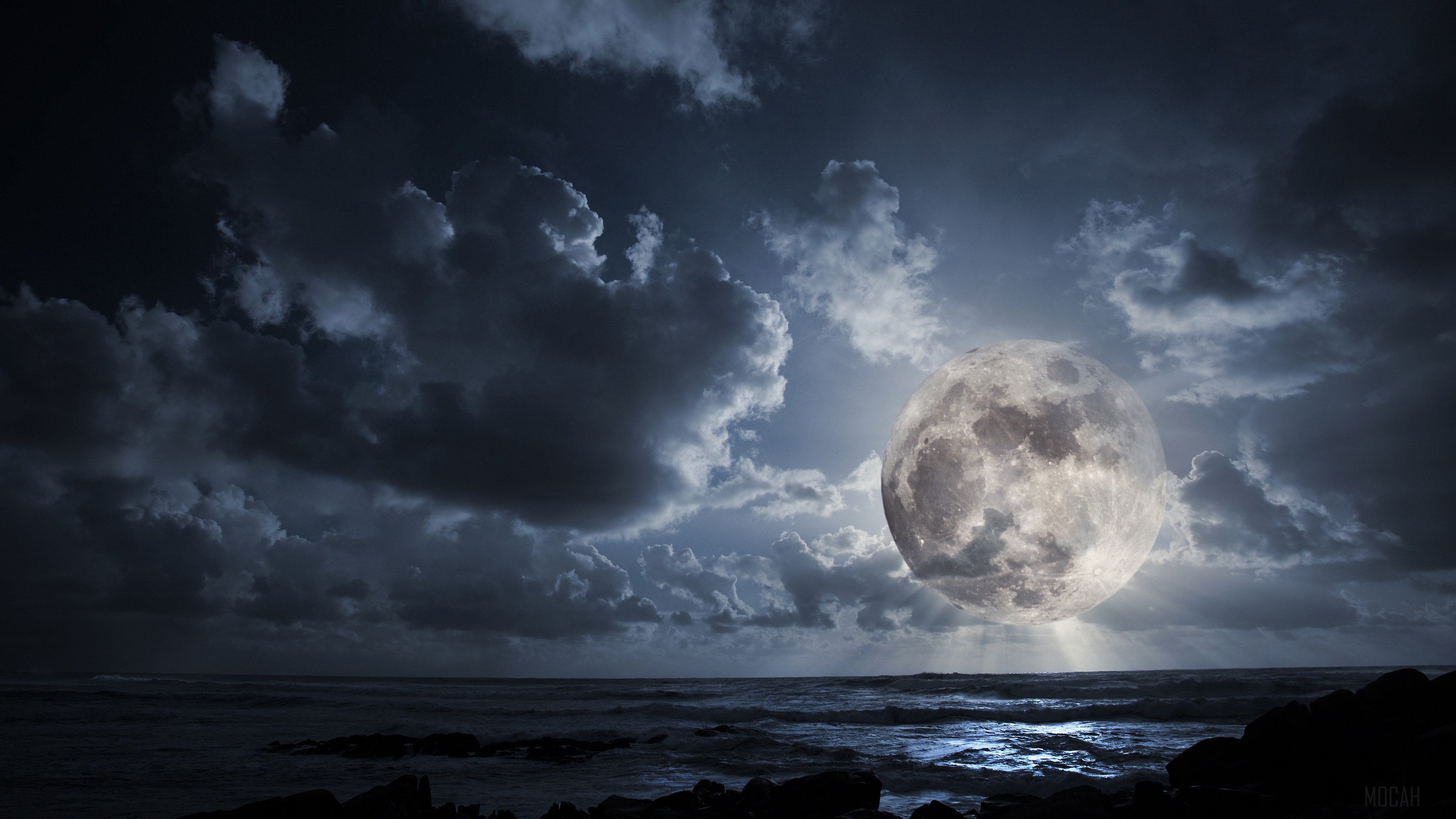 Full moon over the ocean at night HD Wallpaper