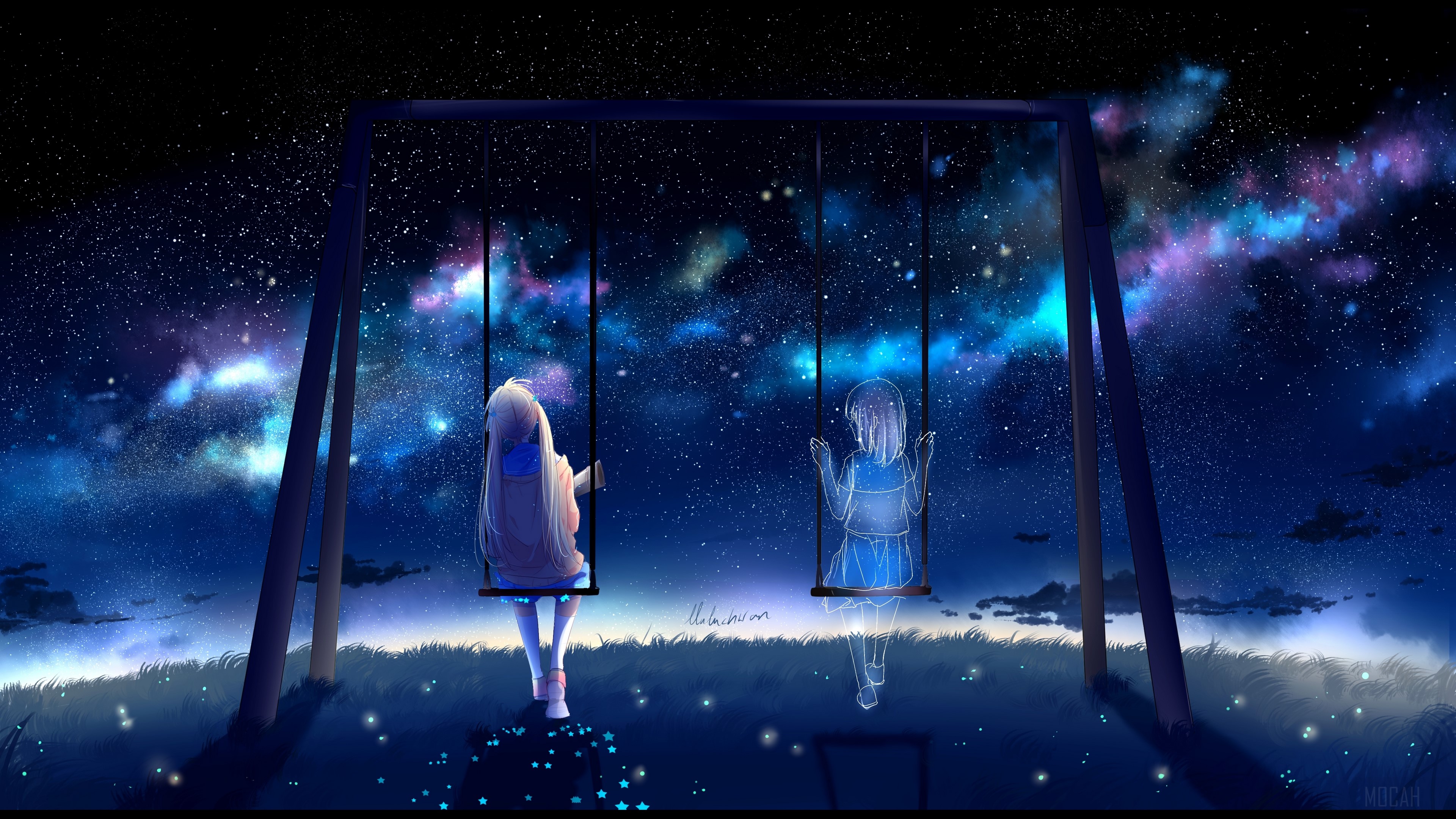 Two girls on swings under a starry sky HD Wallpaper