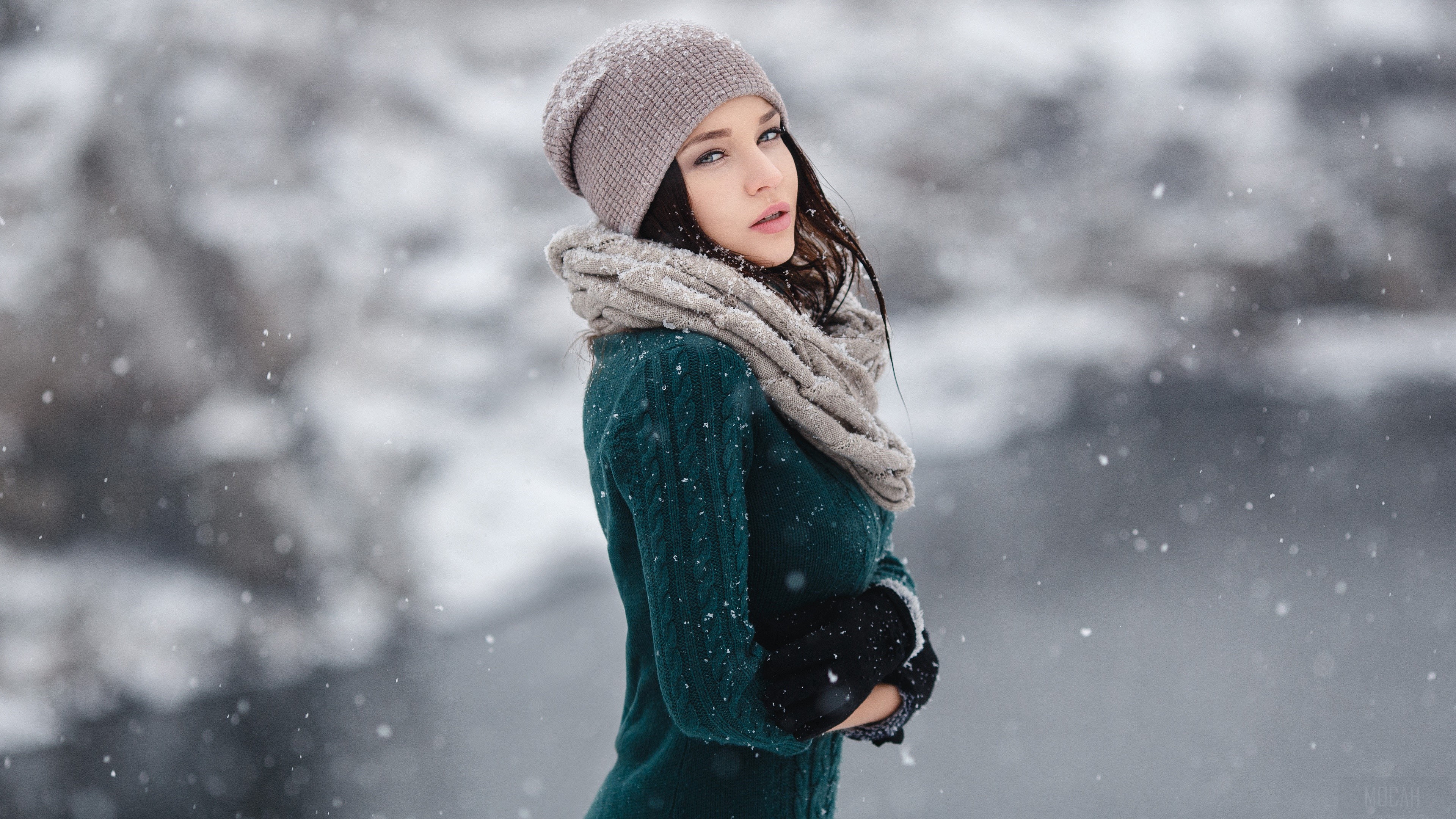 Angelina Petrova in Winter Snowfall 4K HD Wallpaper