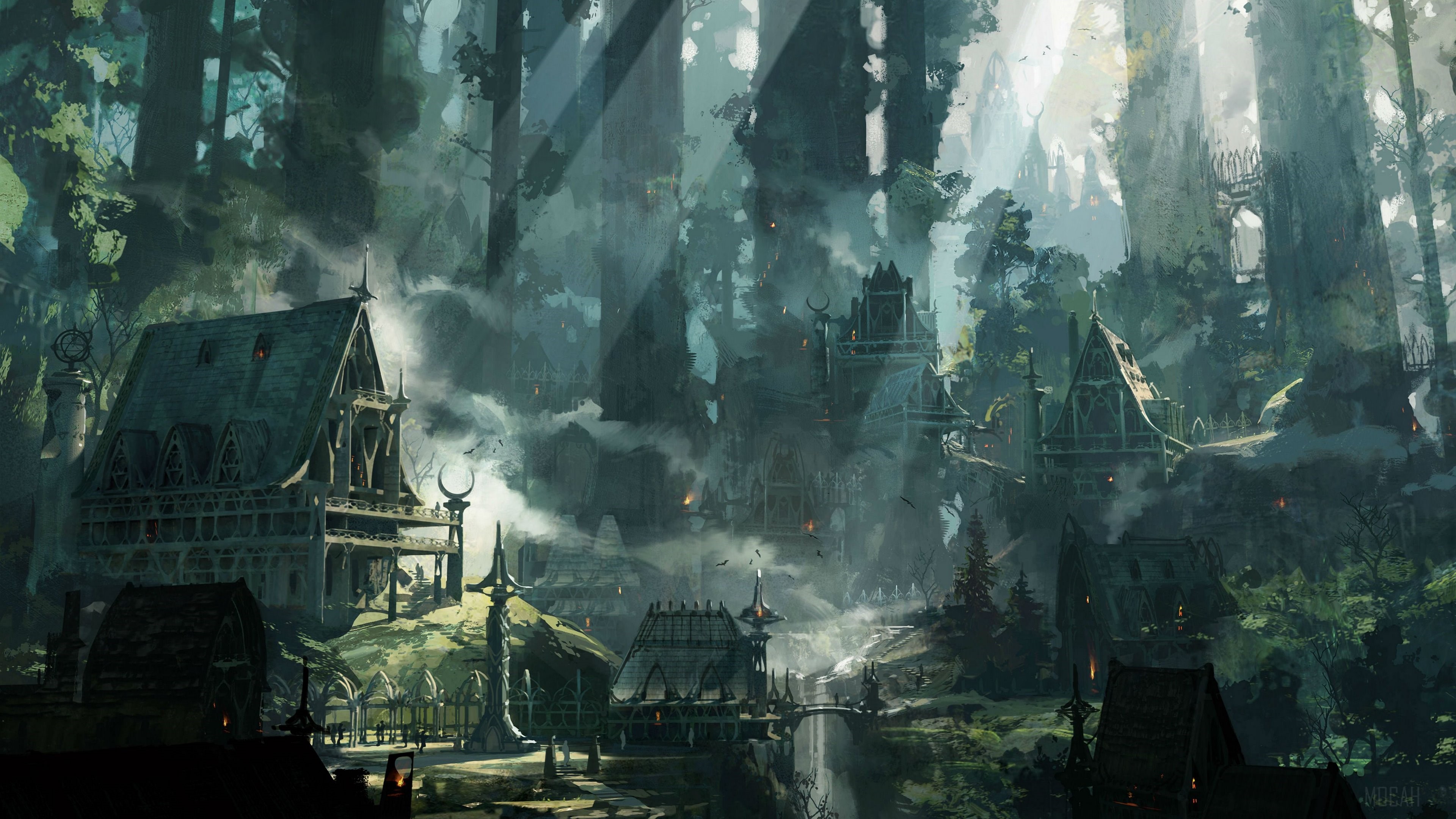 Fantasy village in a misty forest HD Wallpaper
