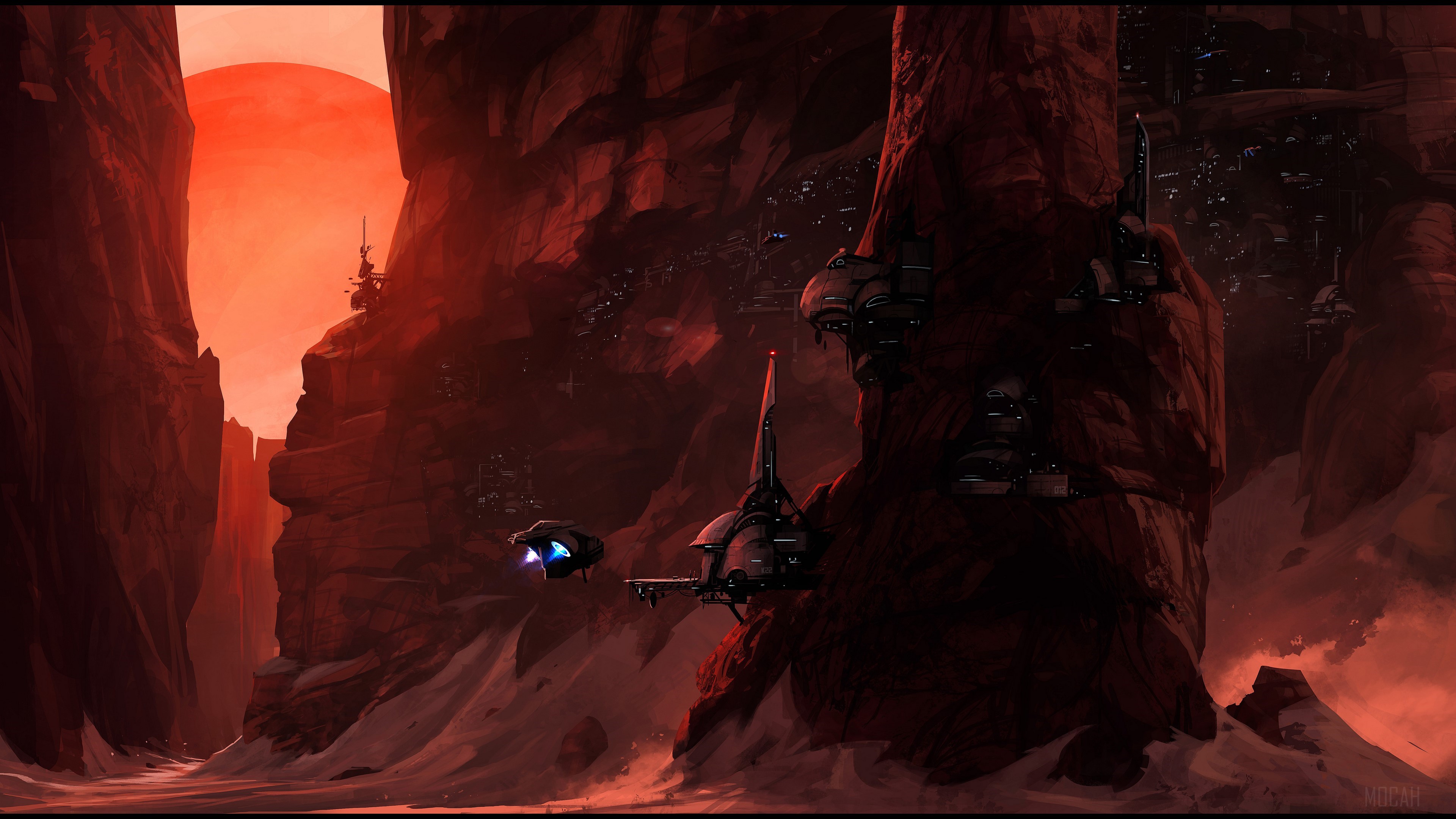 Sci-fi settlement in a red canyon under a large sun HD Wallpaper