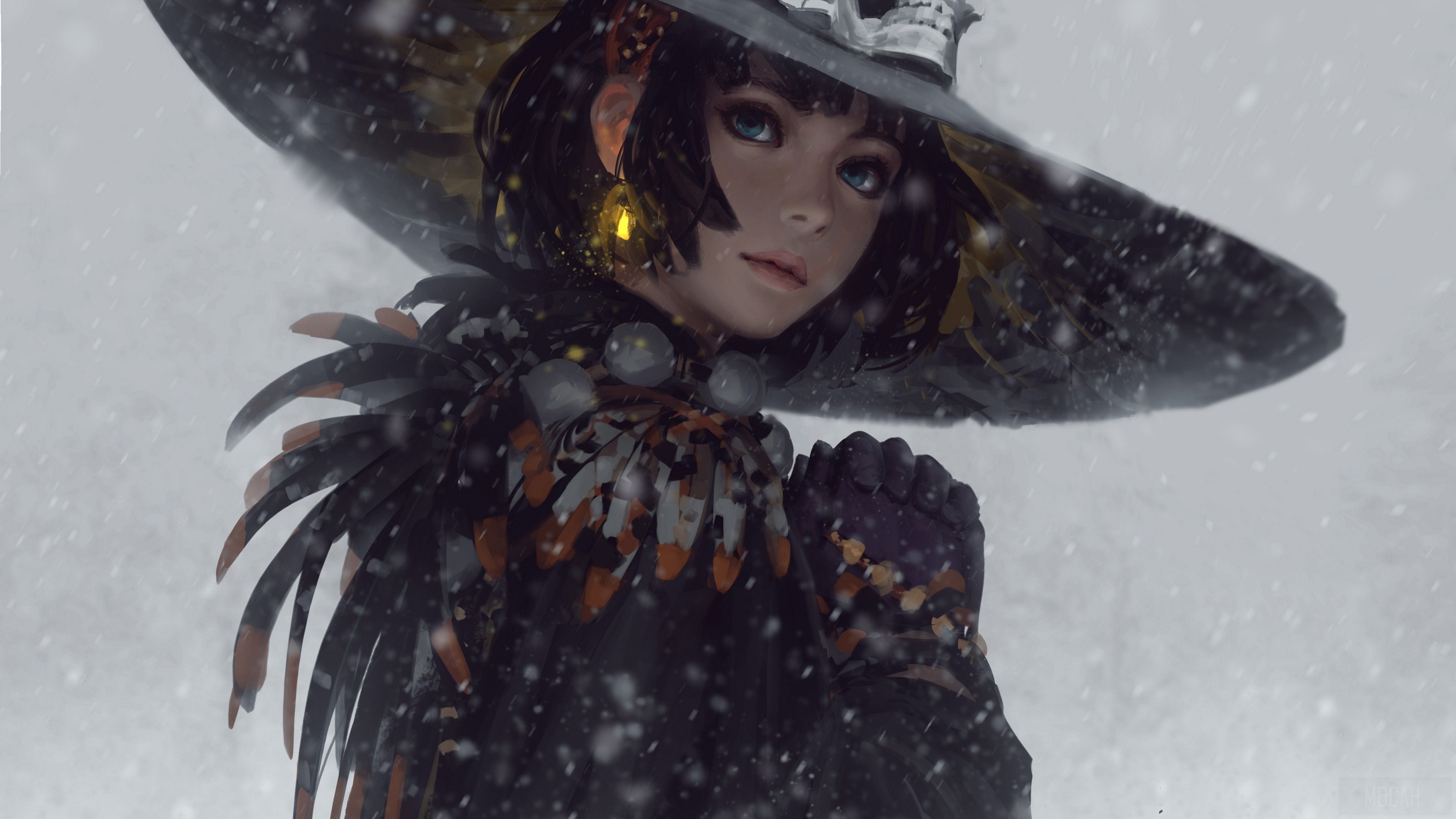 Girl in Witch Hat with Skull and Feathers in Snow 4K HD Wallpaper
