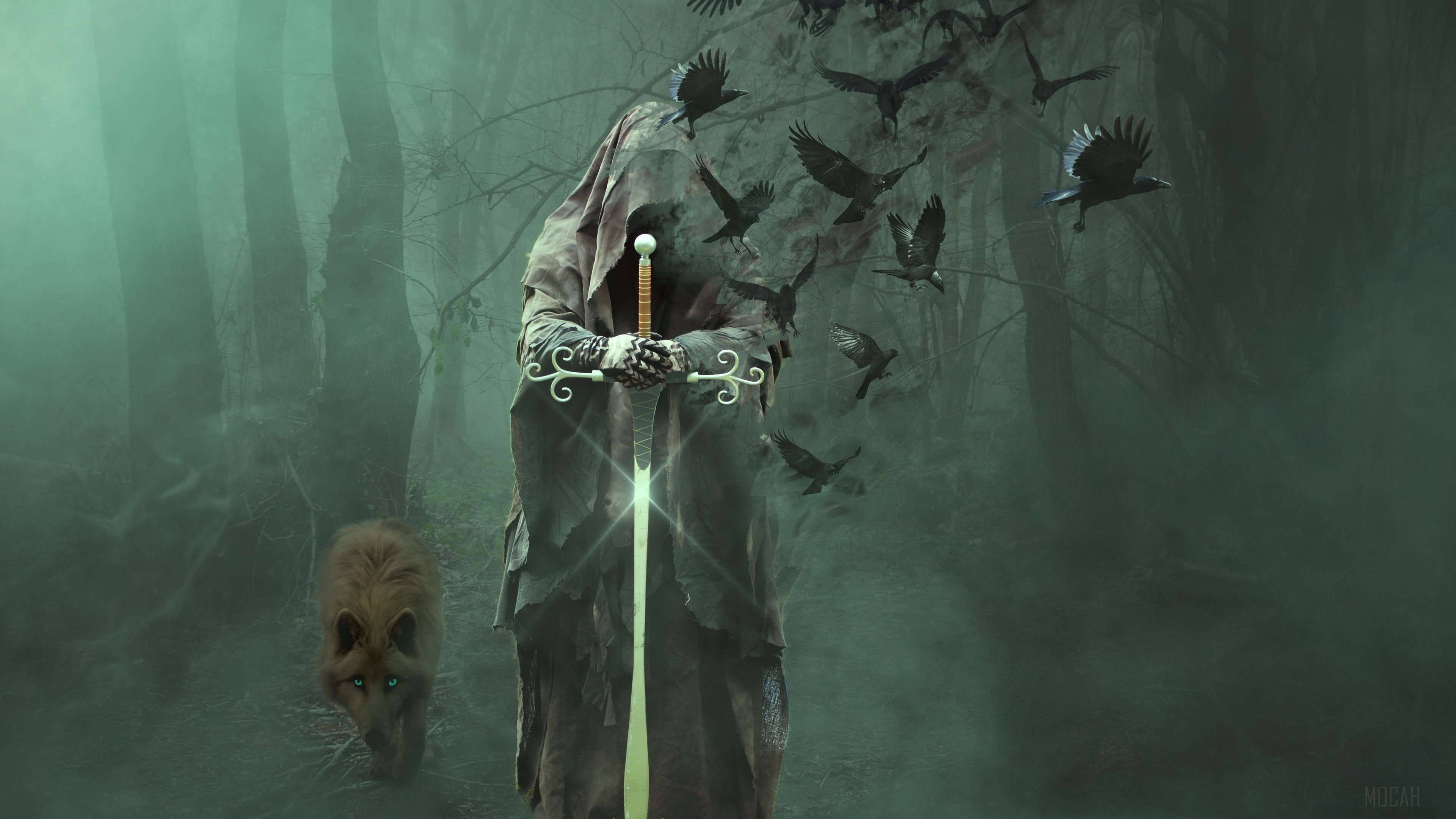 Grim Reaper with Sword and Wolf in Foggy Forest 4K HD Wallpaper