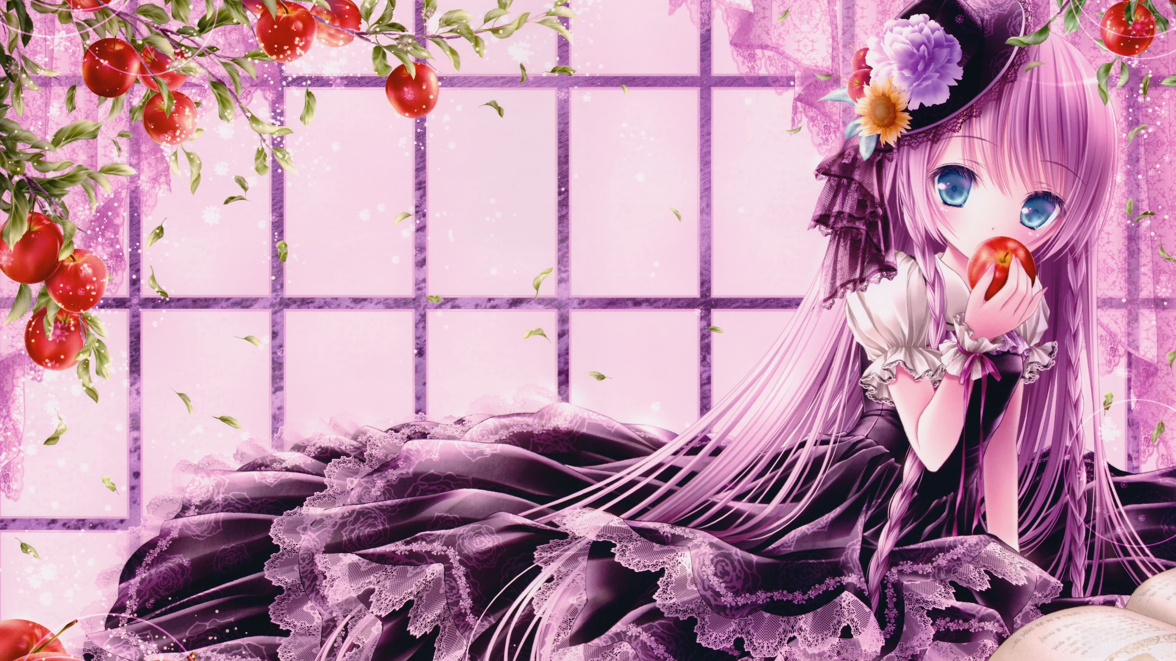 Anime girl with blue eyes holding an apple HD Wallpaper