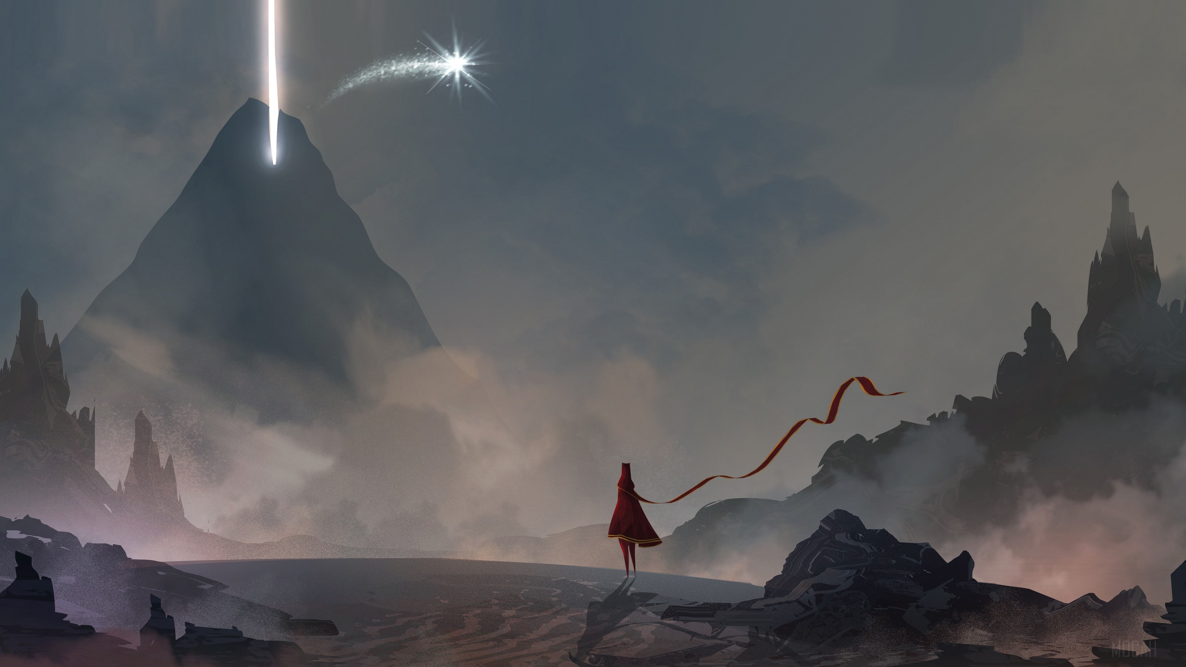 Figure in red cloak with scarf on mountain path HD Wallpaper