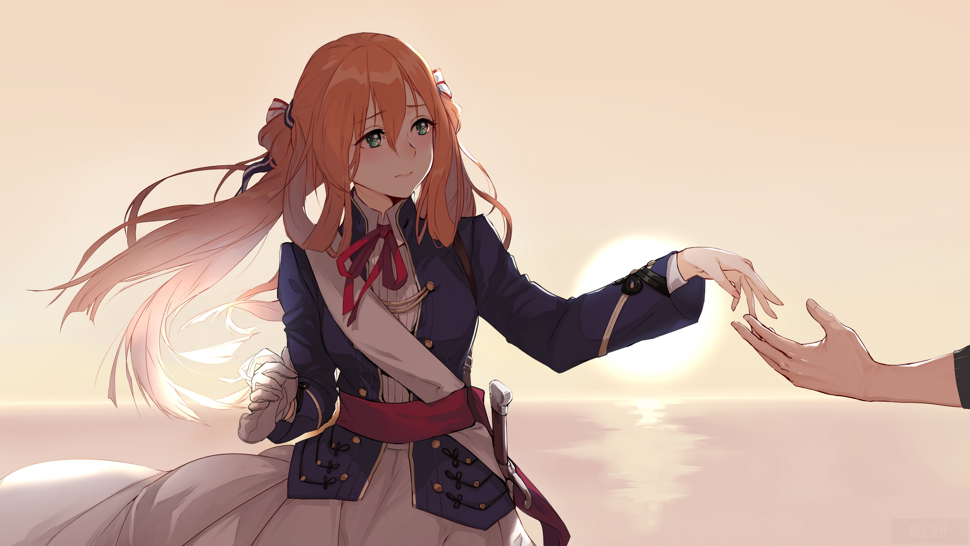 Girl reaching out to a hand at sunset HD Wallpaper