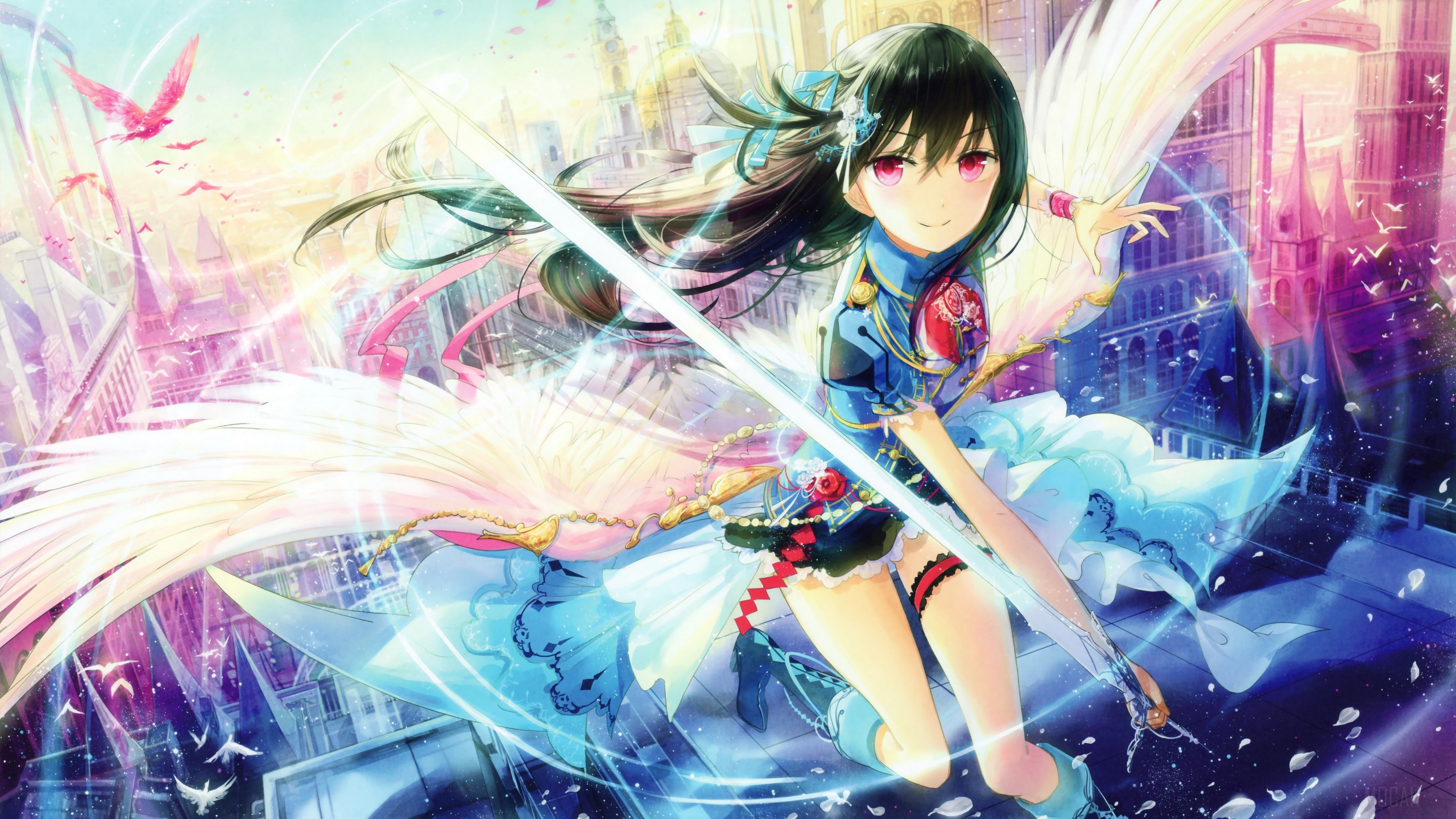 Girl with Green Hair and Pink Eyes Holding a Sword HD Wallpaper