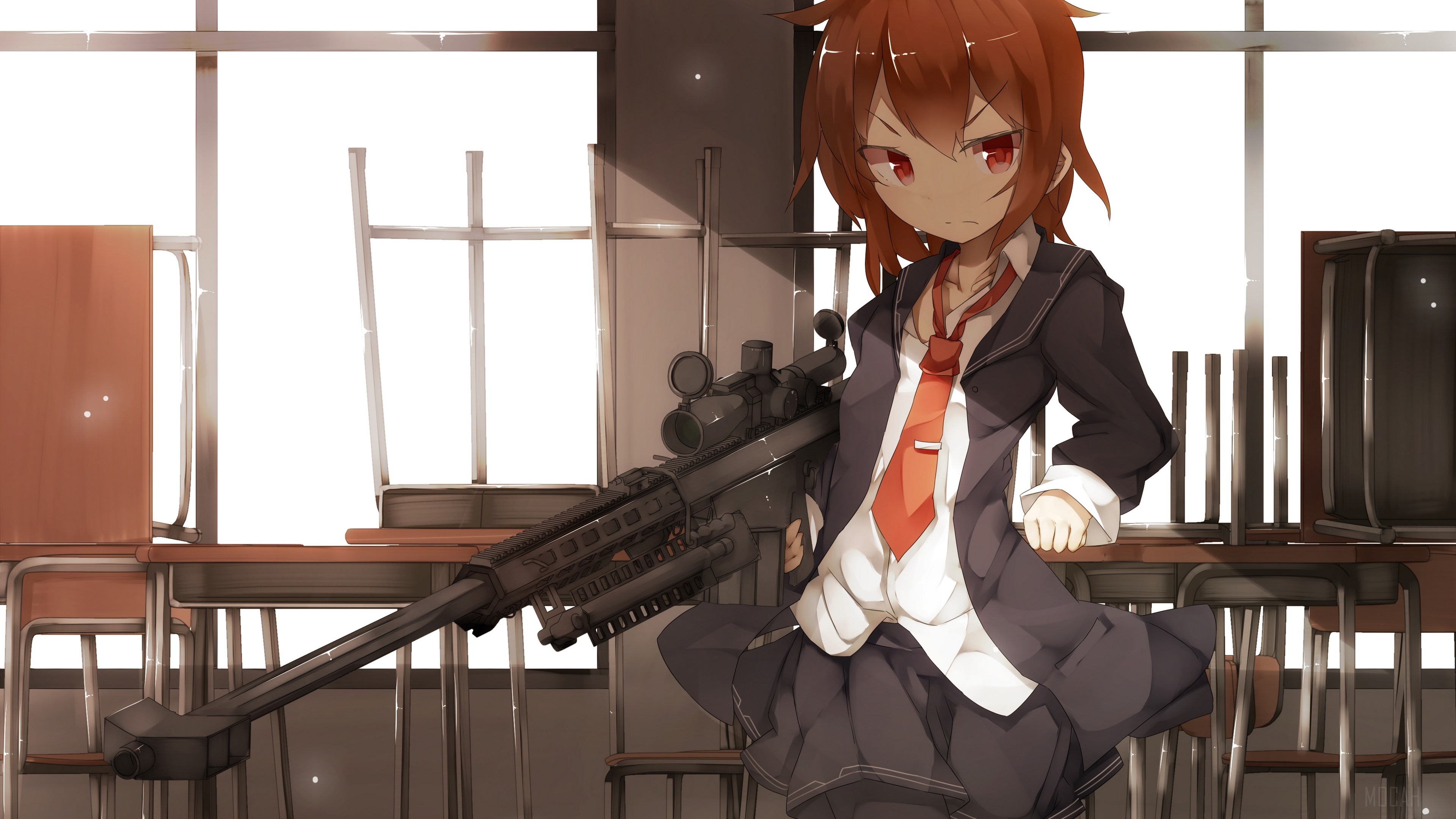 Anime girl with sniper rifle in classroom HD Wallpaper