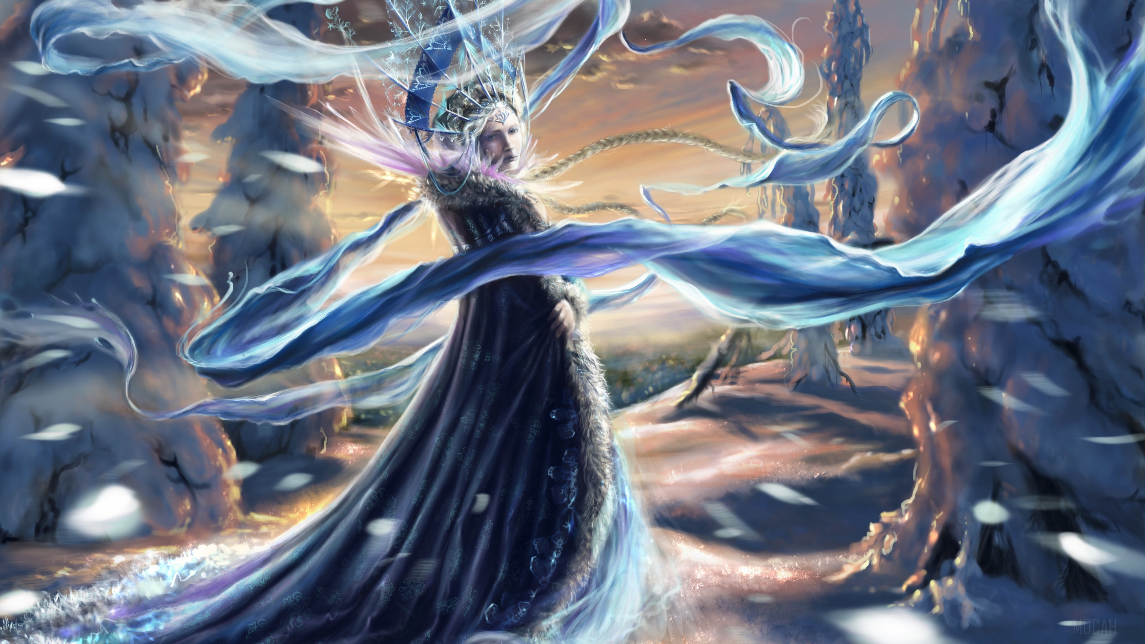 4K Winter Queen with flowing ribbons HD Wallpaper