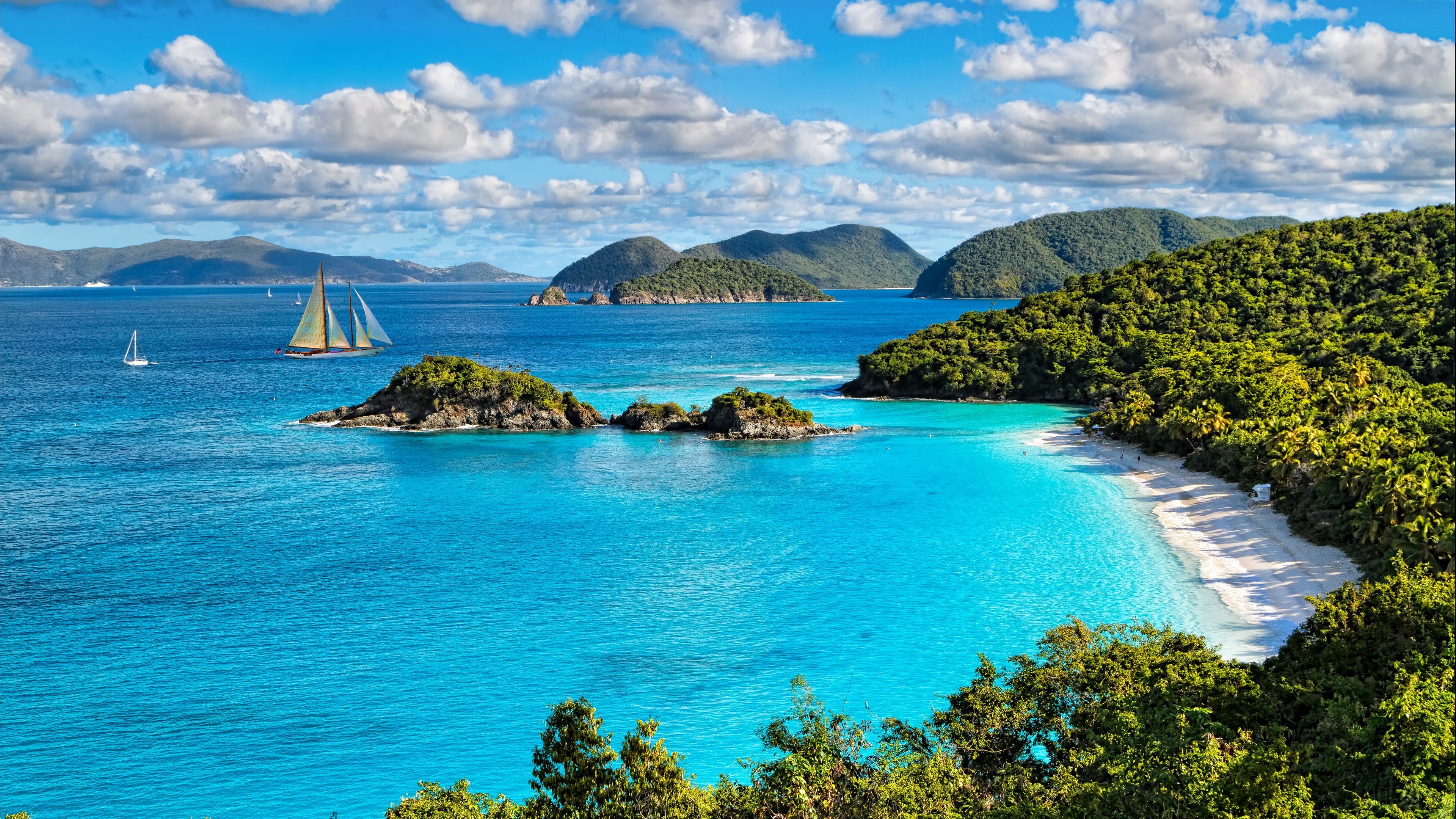 Tropical Bay with Sailboats and Islands 4K HD Wallpaper